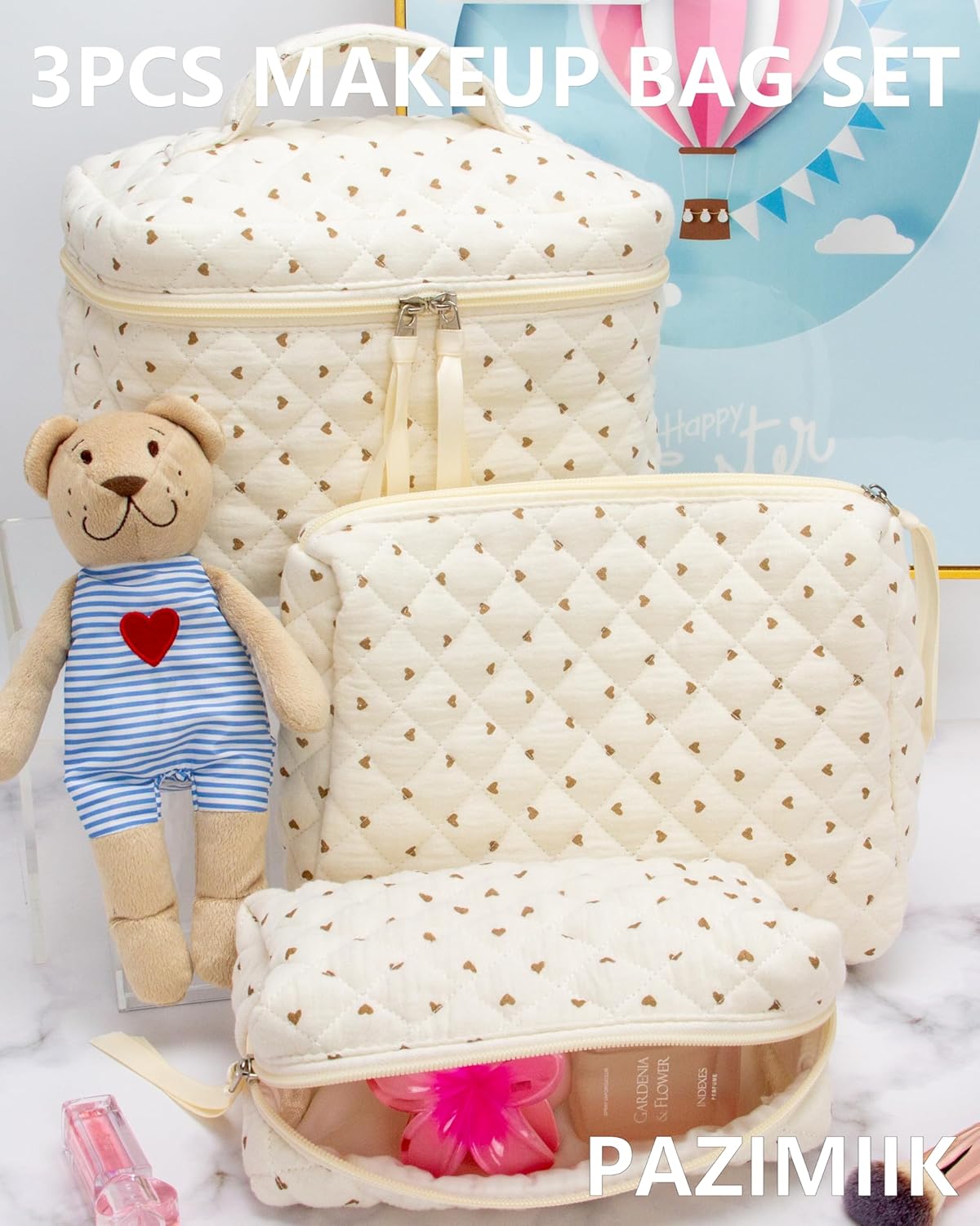 PAZIMIIK 3PCS Makeup Bag SET Large Travel Quilted Zipper Soft Cosmetic Case Pouch for Women Girls Make Up,Gauze Heart Coffee