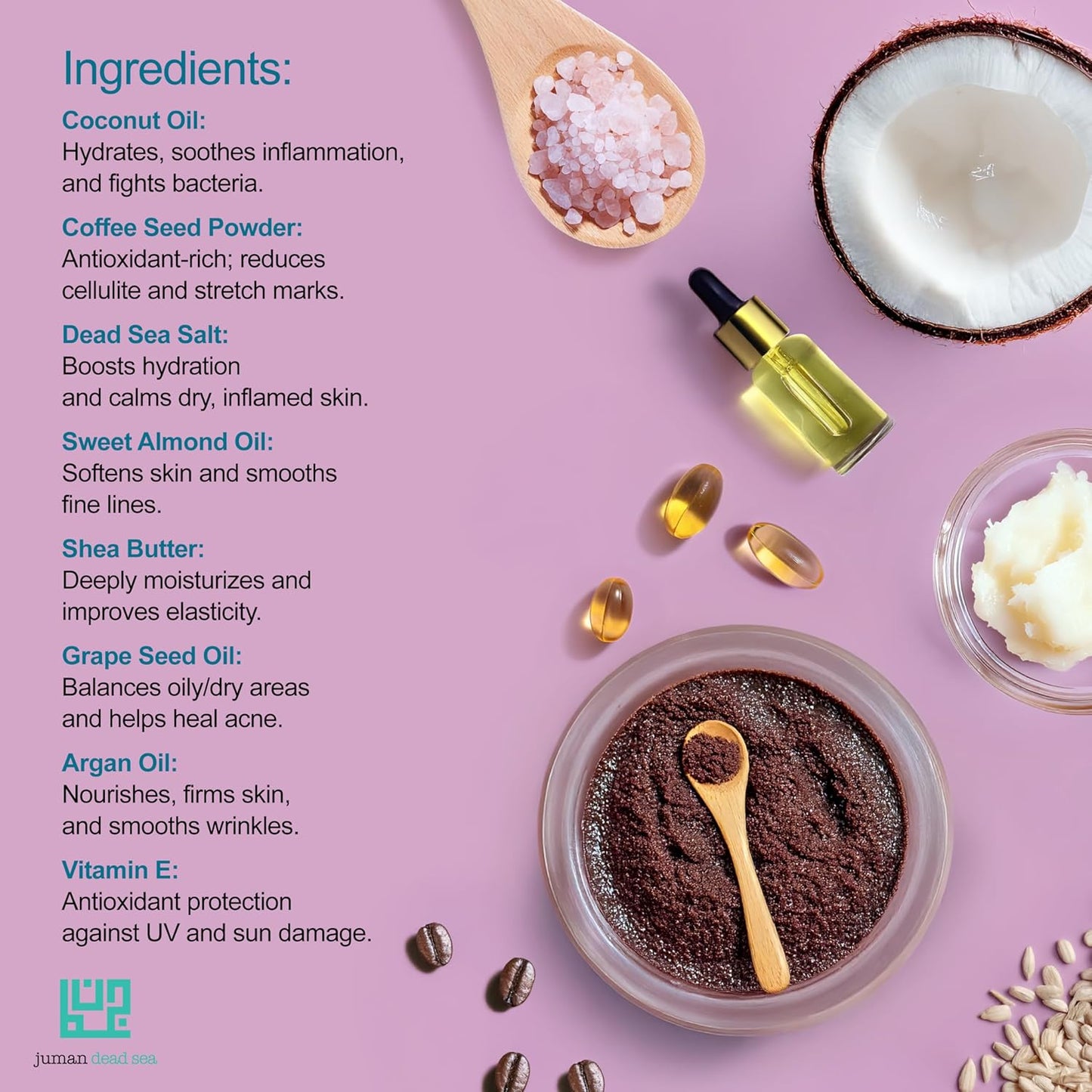 Juman Dead Sea Minerals Exfoliating Coffee Body Scrub | Enriched with Almond & Coconut Oils for Moisturized, Smooth Skin | Dead Sea Salt Scrub | SlS & Paraben Free | Vegan | 11.46 Oz