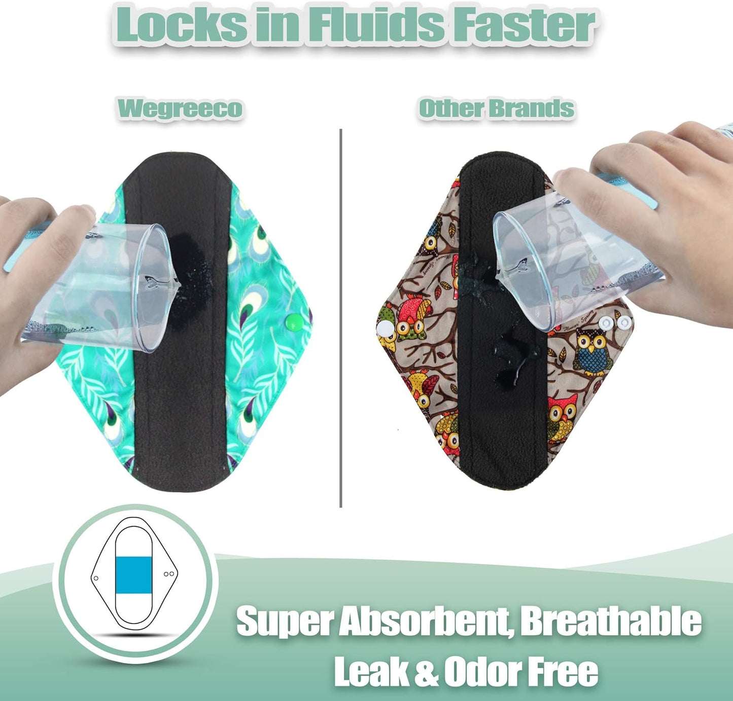 Wegreeco Reusable Menstrual Pads - Soft Cloth Sanitary Pads | Gentle Panty Liners - 6 Pack with 1 Cloth Mini Wet Bag (Small, Peacock)