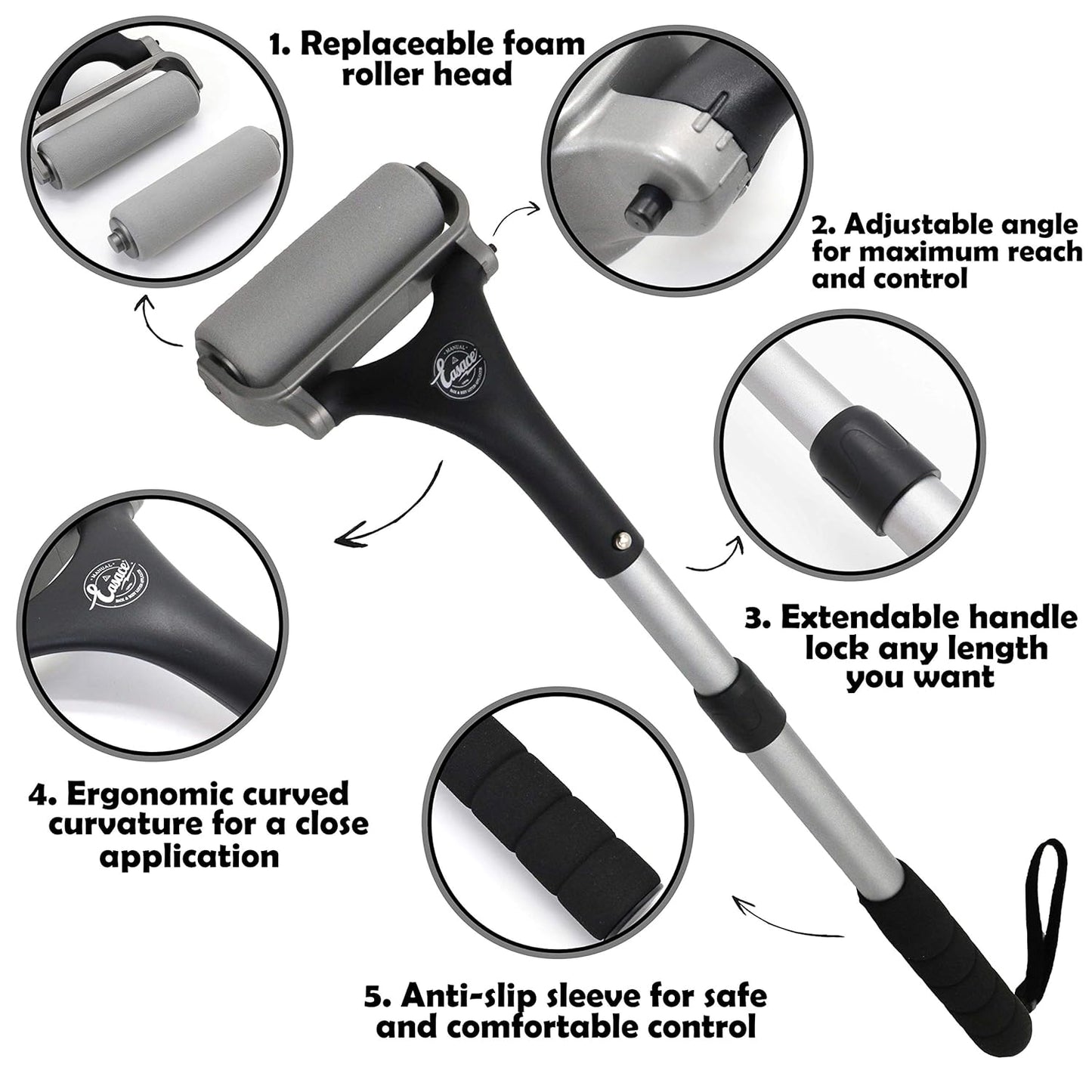 EASACE Lotion Applicator for Back & Body, Long Handle 21.5inch Adjustable Lotion Roller with 2 Replacement Roller for Back self(Silver)