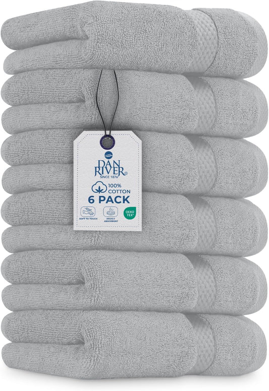 DAN RIVER 6-Pack Premium Hand Towels (16x28 Inches) - 100% Cotton, Ultra Soft, Lightweight, Highly Absorbent Towels for Bathroom, Spa, Gym, Salon, Hotel, and Travel - 550 GSM - Silver