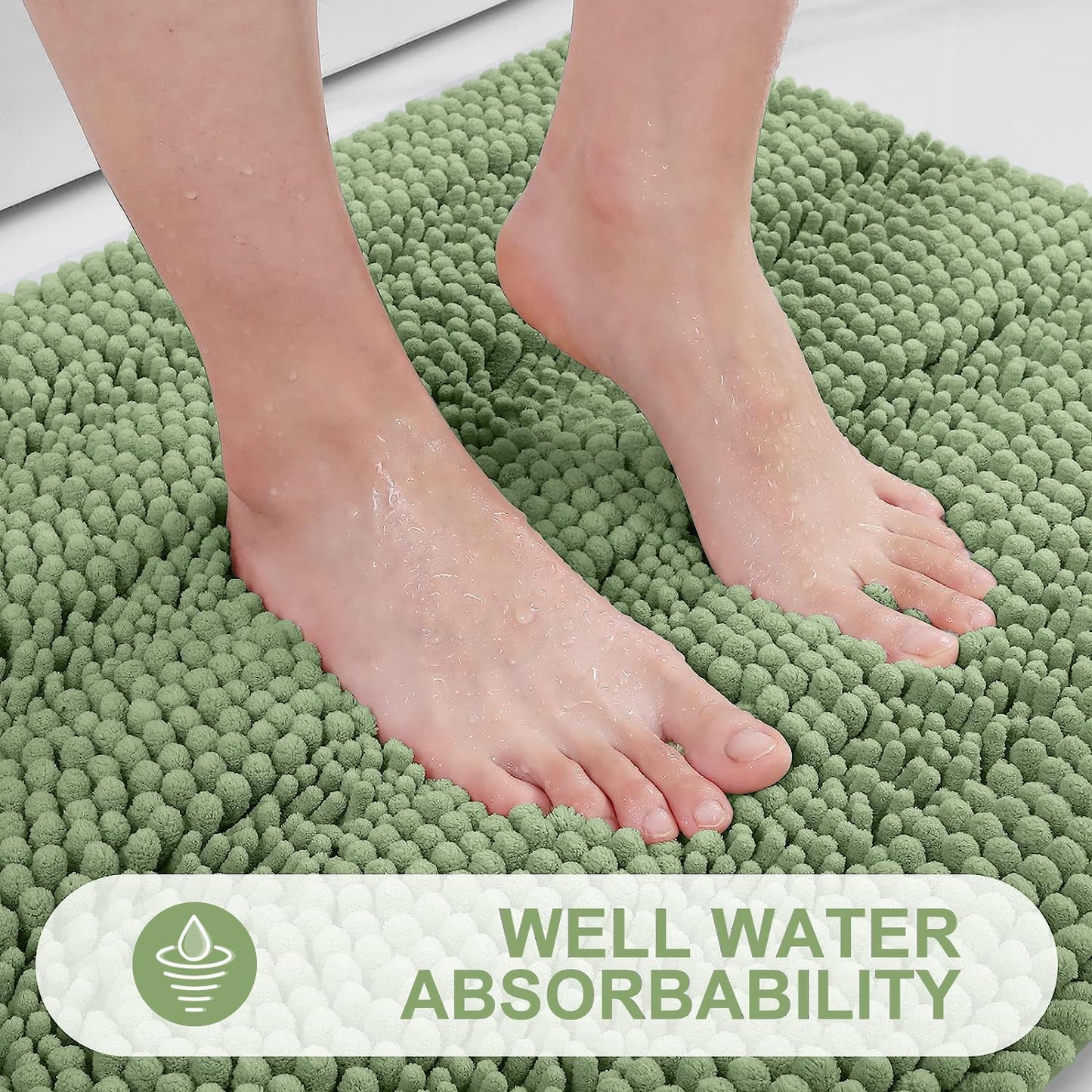 Grandaily Chenille Striped Bathroom Rugs 30x20, Extra Thick and Absorbent Bath Mats, Non-Slip Soft Plush Shaggy Shower Carpet, Machine Wash Dry, Bath Rug for Bathroom, (Medium, Sage Green)