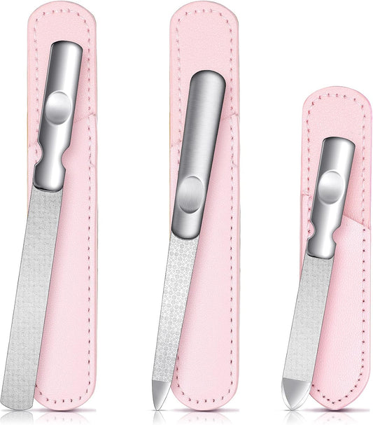 3 Pcs Stainless Steel Nail Files Kit with Leather Case, Double Sided Metal Nail Files with Anti-Slip Handle for Women and Men, Metal File Buffer Manicure Pedicure Tools for Fingernail Toenail(Pink)