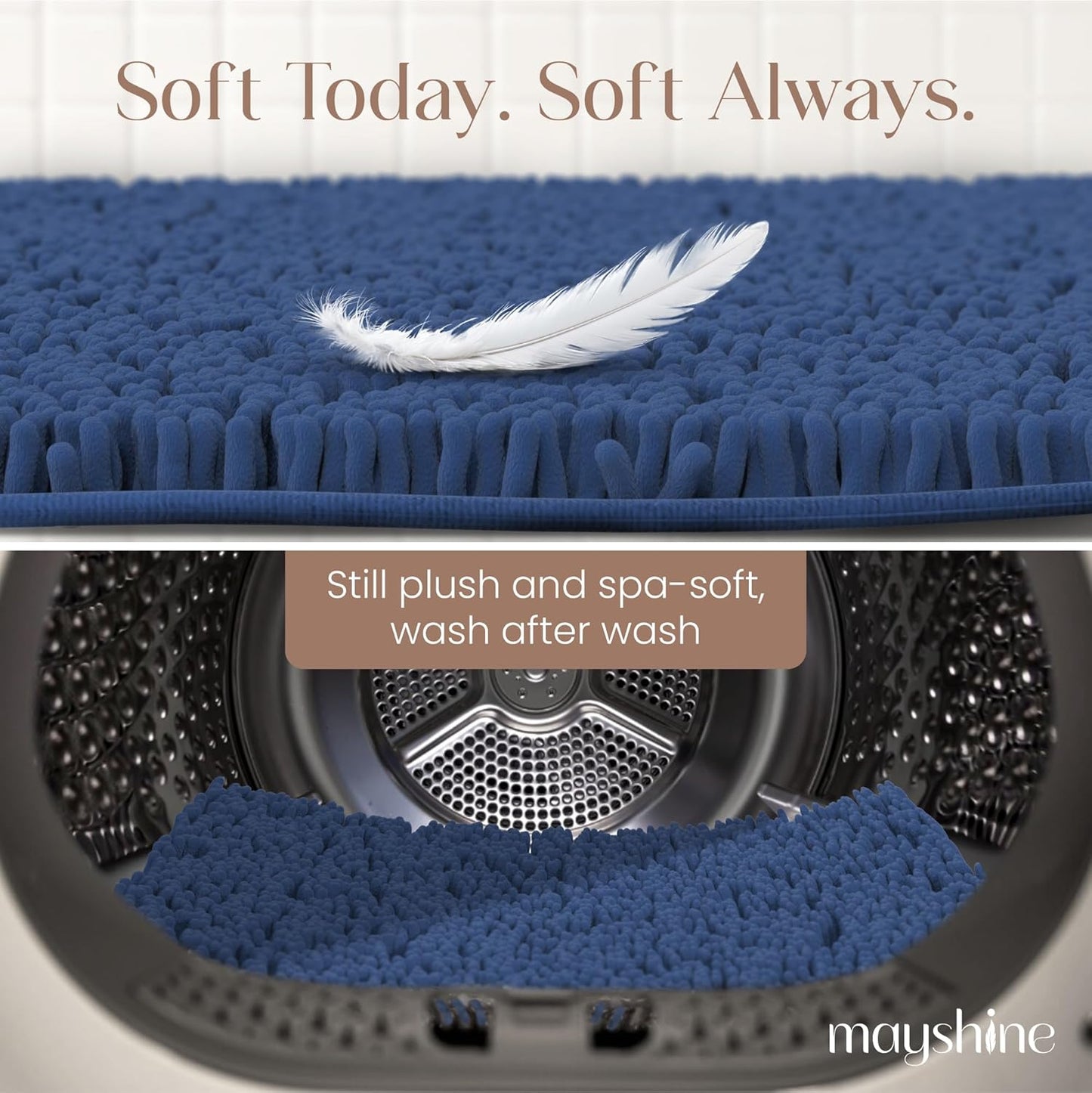 MAYSHINE Plush Shaggy Chenille Bath Mat | Extra Soft, Super Absorbent, Non-Slip Bathroom Rug | Fluffy Microfiber, Area Rug Sets for Bathroom Floor, Kitchen, Living Room | 39"x24" | Dark Blue