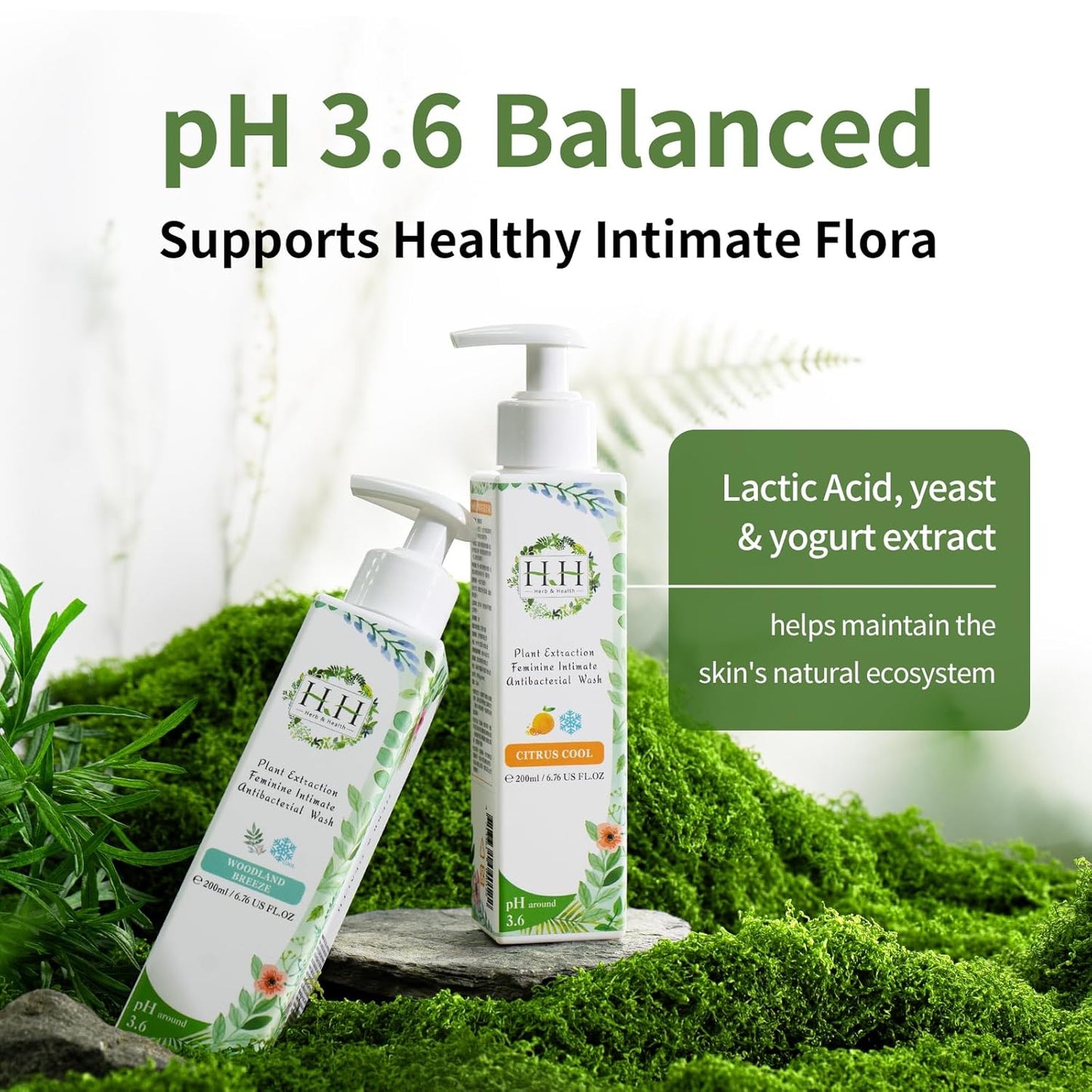 HH Herb & Health Feminine Wash for Women, pH3.6 Lactobacillus Cleanser with Botanical Extracts, Hydrating & Cooling Intimate Care for Odor Dryness and Itch, Sensitive Skin Safe, Freesia Scent Cool