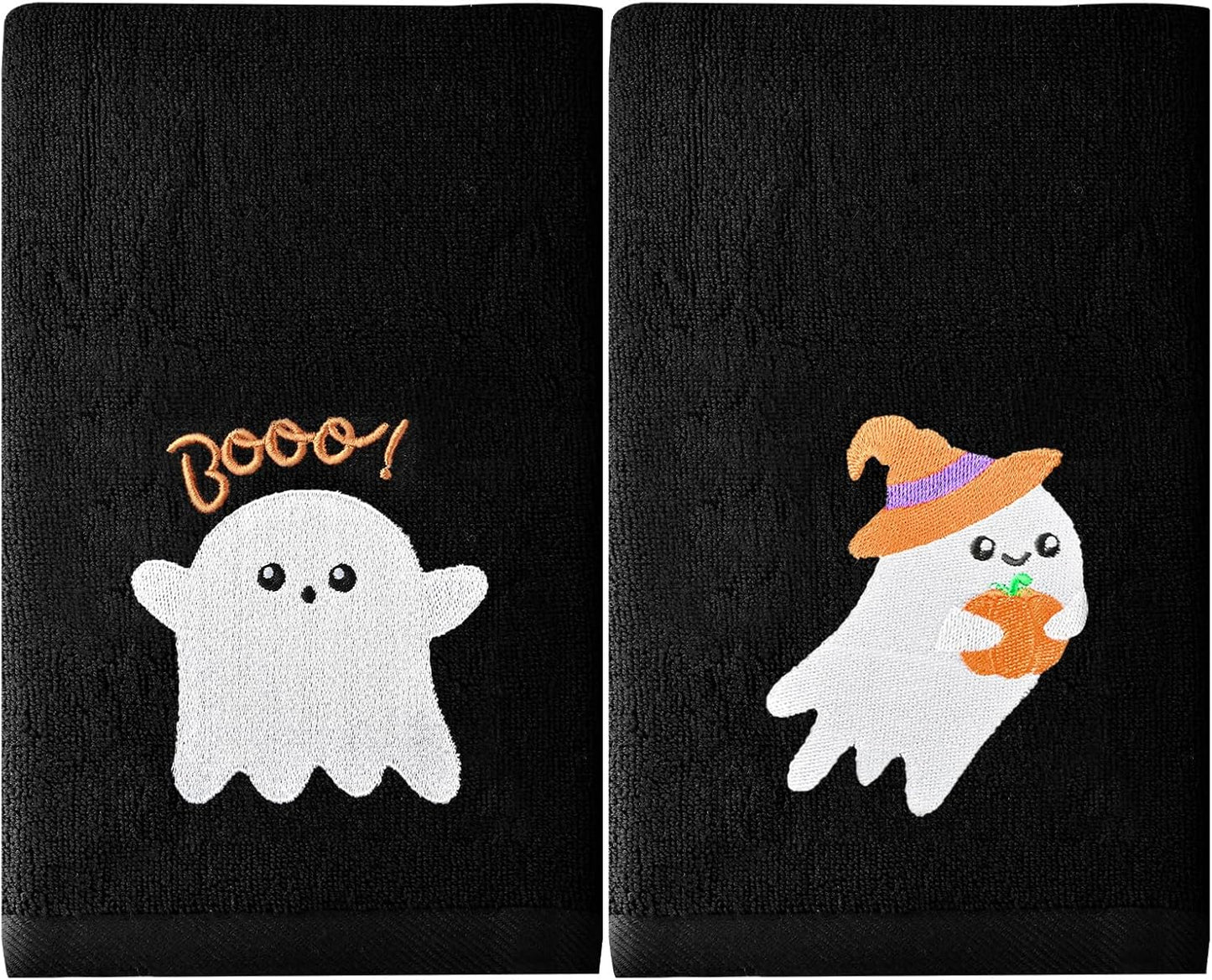 Halloween Cotton Hand Towels 2 Pack, Black Ghost Embroidered Autumn Towels Set, Decorative Bathroom Kitchen Holiday Accessories, 13.7 in × 29.5 in