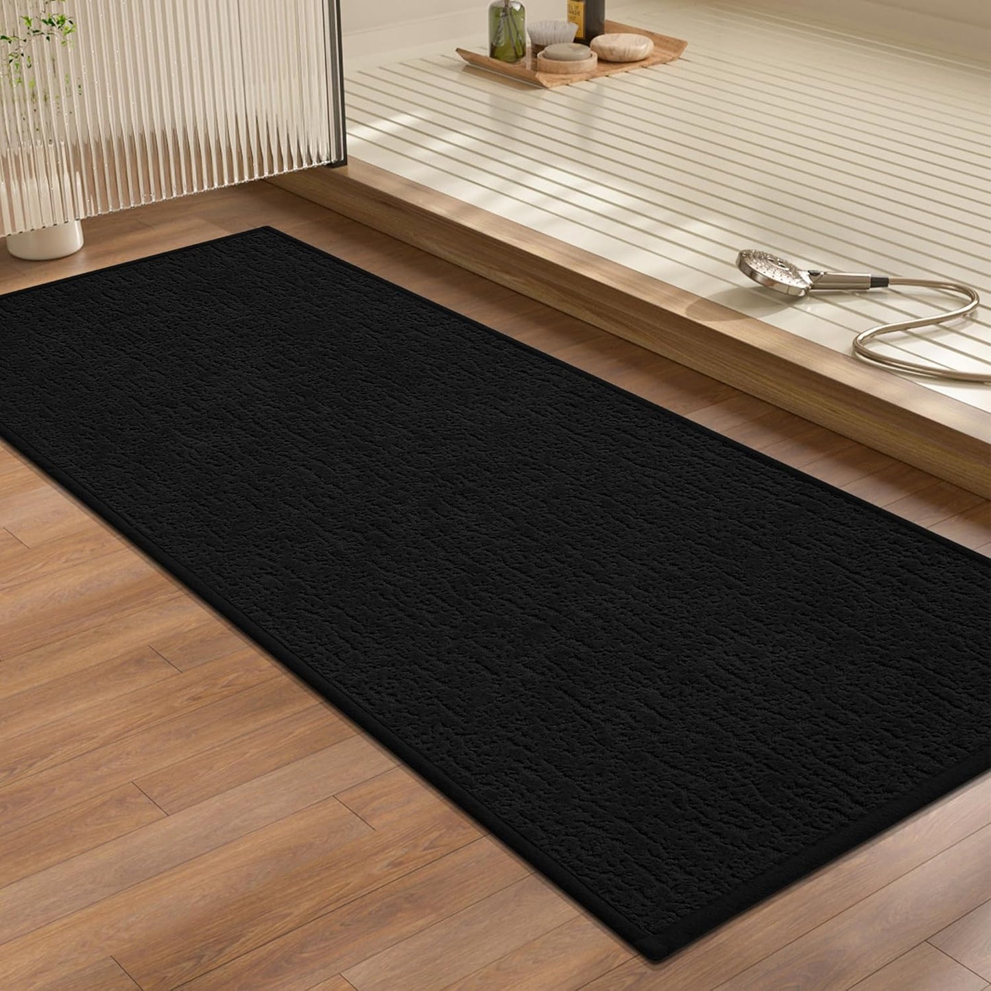 chakme Bathroom Rugs Mat 47x17, Ultra Thin Non Slip Bath Mat Quick Dry Absorbent Bath Mat for Bathroom Floor, (Black, 47"x17")