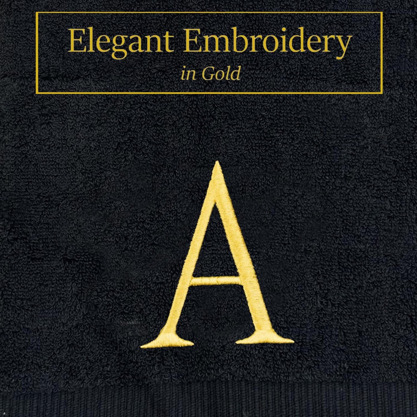 Black Monogrammed Hand Towels for Bathroom- Black and Gold Luxury Hotel Quality Personalized Initial Decorative Embroidered for Powder Room, Spa-GOTS Organic Certified - Pack of 2, Letter A