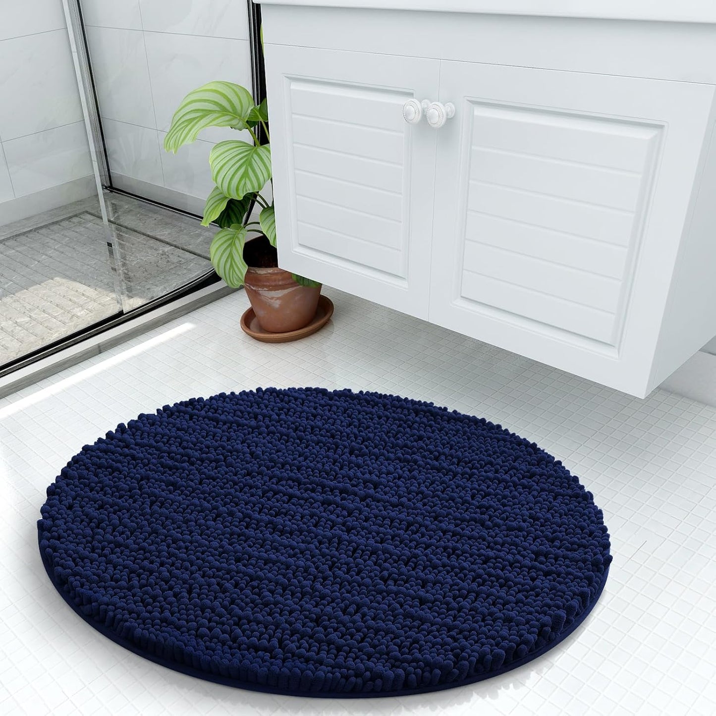 Arotive Luxury Round Chenille Bathroom Rug Mat, Extra Soft Thick Absorbent Shaggy Bath Rugs, Non-Slip Machine Wash Dry Plush Bath Mats for Bathroom, Shower and Tub, 24x24, Navy