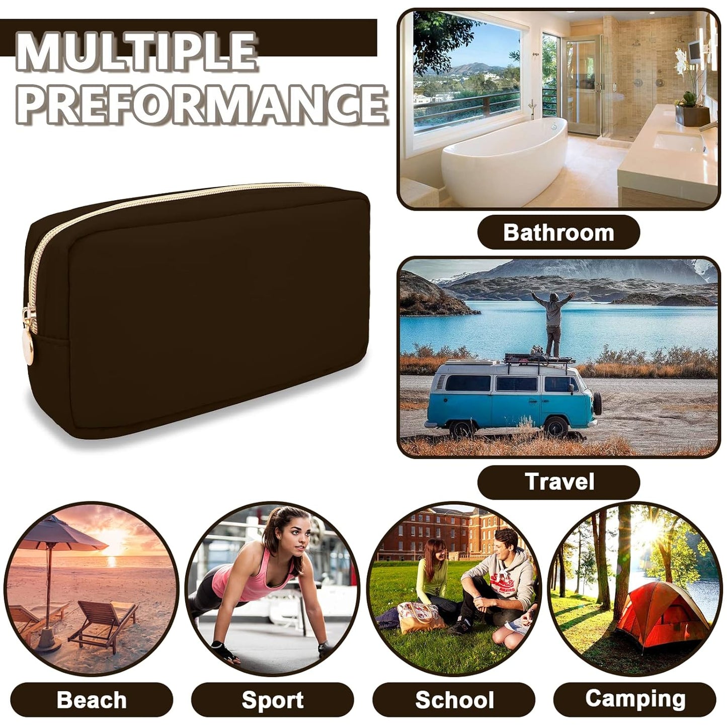 Small Makeup Pouch for Purse, Nylon Travel Toiletry Storage Pouch Cute Preppy Cosmetic Bag for Women Girls, Waterproof Makeup Organizer Skincare Bag Purse with Zipper (Small-Chocolate)