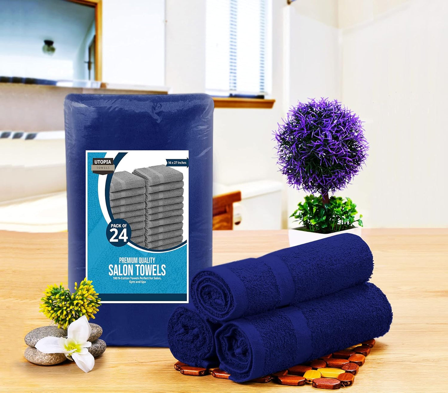 Utopia Towels, Salon Towel, Pack of 24, Not Bleach Proof, 16 by 27 Inches, Highly Absorbent Cotton Towels for Hand, Gym, Beauty, Spa, and Home Hair Care, Royal Blue