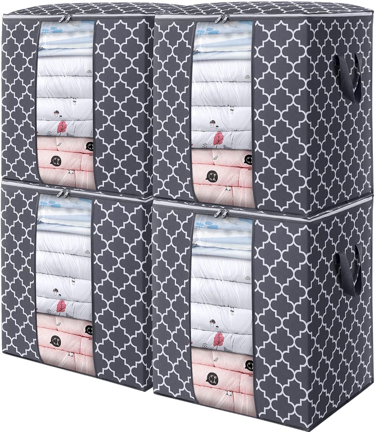 WISELIFE Storage Bags 4 Pack/100L Large Blanket Clothes Organization and Storage Containers for Comforters,Bedding, Foldable Organizer with Reinforced Handle, Clear Window, Sturdy Zippers,Gray