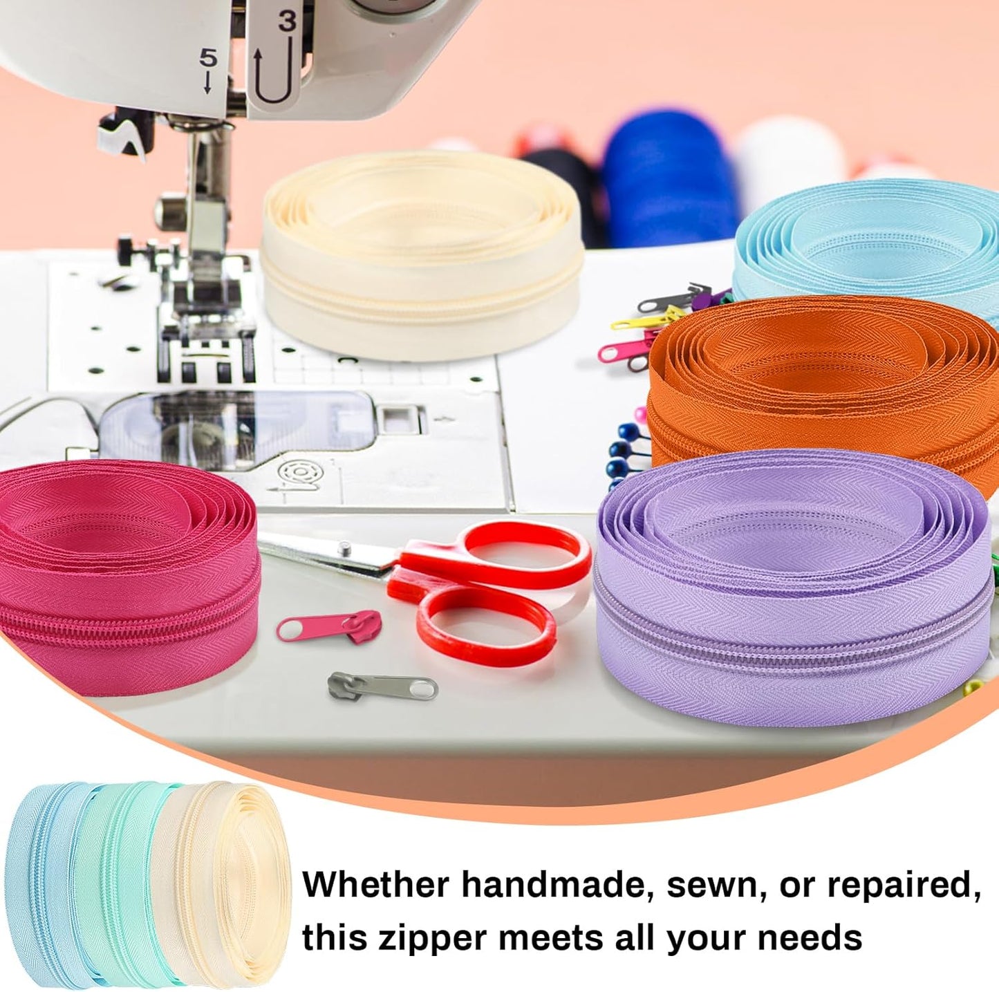 DOITEM 22.2 Yards/ 20 m 10 Pieces Assorted Colors #5 Nylon Coil Zippers, Sewing Zippers Endless Zips with 40 Pieces Zipper Sliders Zip Heads for Sewing Tailor Craft Supplies