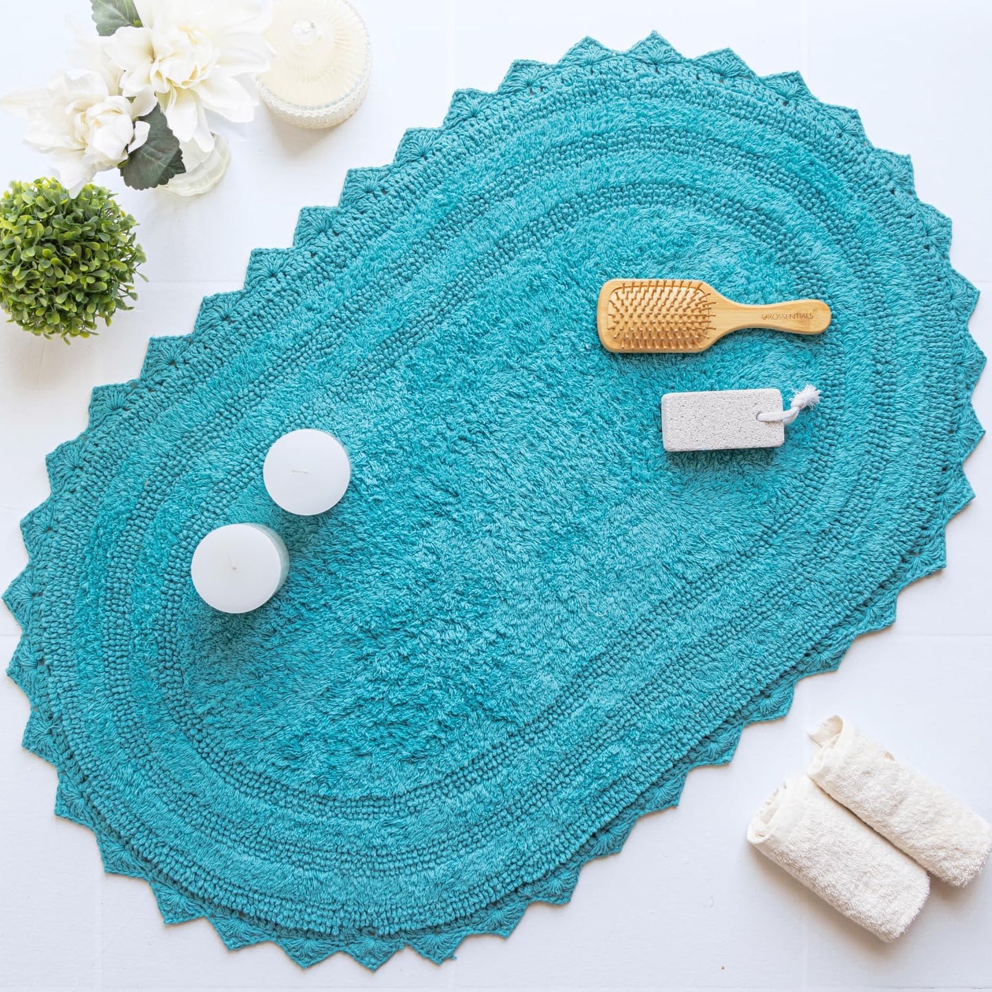 RAJRANG Bluebird Oval Bath Rug – 24x17 Inches Soft Cotton Bathroom Mat with Crochet Pattern, Reversible and Absorbent Rug for Shower, Sink or Toilet Area