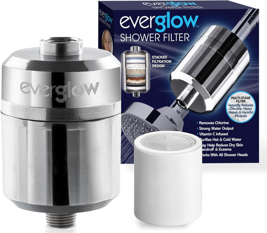 EVERGLOW High-Output Shower Filter, 100% Removes Chlorine, Moisturizes Dry Itchy Skin, Skin and Hair, Helps with Dandruff, Eczema and Vitamin C Infused and Water Softener, 4.7” - Chrome