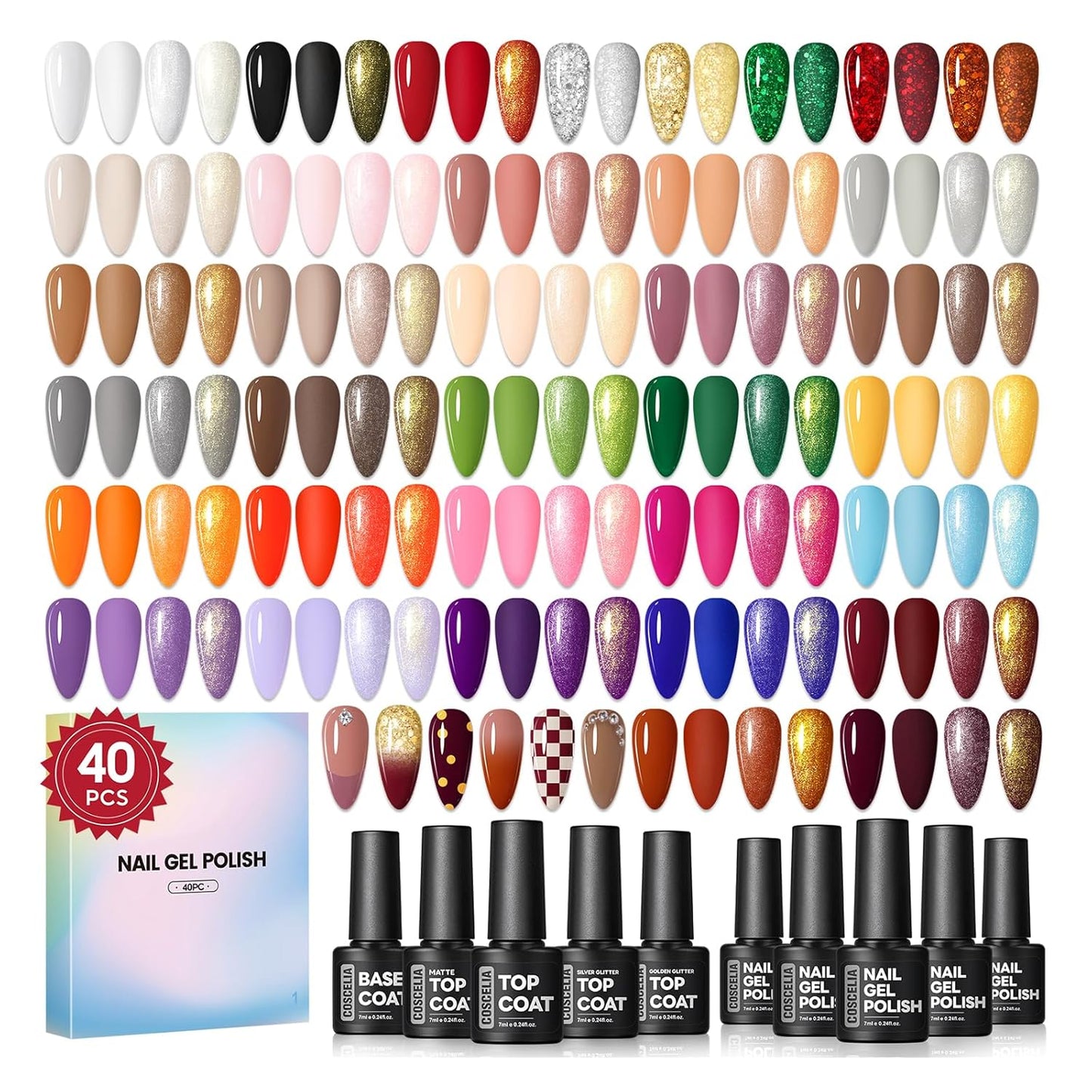 COSCELIA 40pcs Gel Nail Polish Set, 35 Colors Gel Polish with 5 Top Base Coat Red Nude Pink Glitter All Seasons Colors Nail Art Manicure Kit Salon DIY at Home Gifts for Women