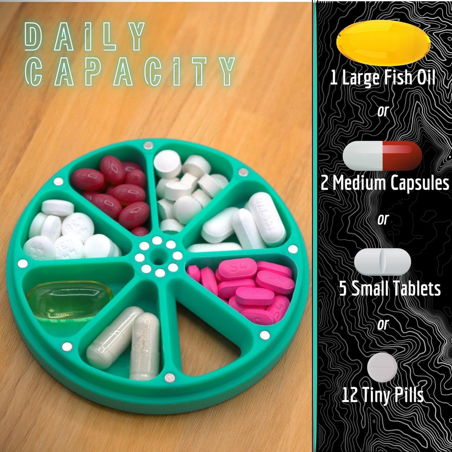 Travel RX Pill Case by Type Two Labs – Weekly 7 Day Pill Box, Compact Magnetic Pill Organizer for Purses or Pockets, Rugged Daily Caddy Holds Vitamins, Supplements, Medication. (Vivid Magenta)