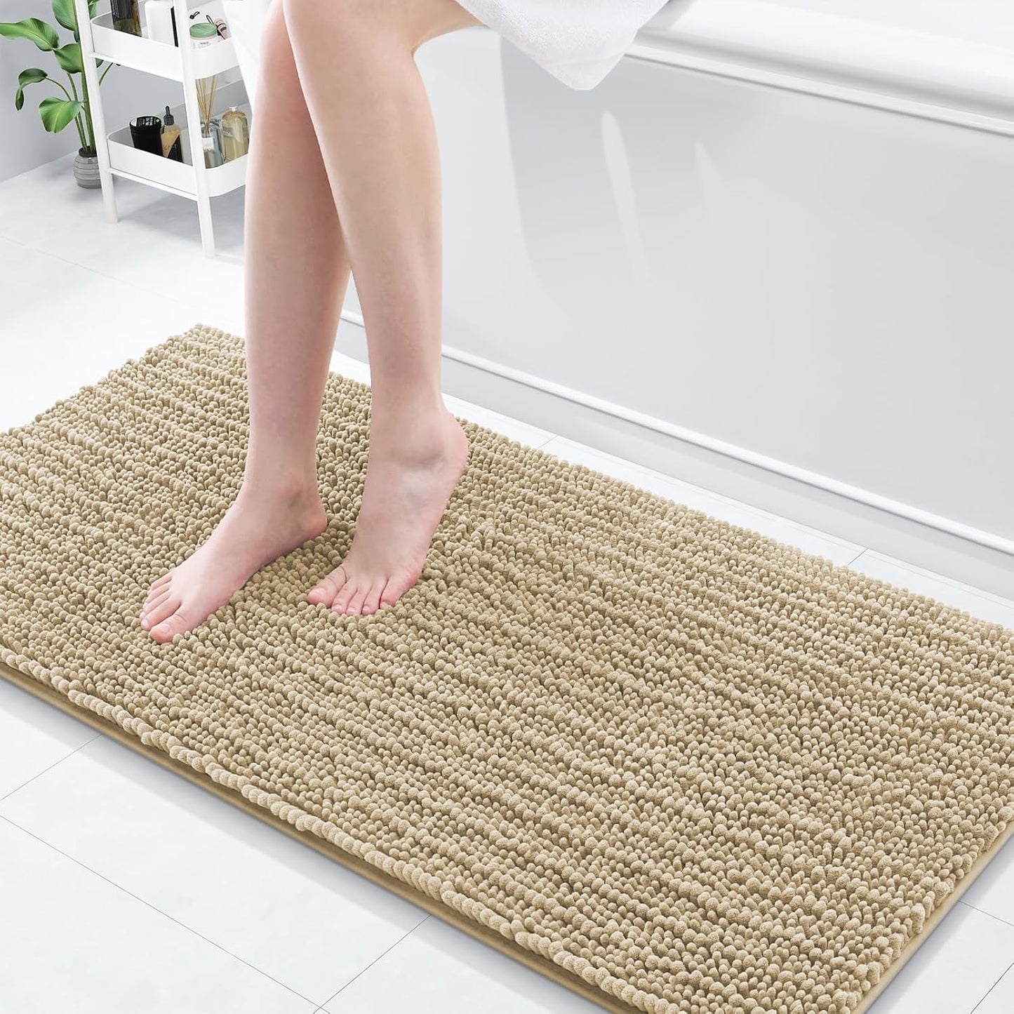 Arotive Luxury Chenille Bathroom Rug Mat, Extra Soft Thick Absorbent Shaggy Bath Rugs, Non-Slip Machine Wash Dry, Plush Bath Mats for Bathroom, Shower and Tub, 60x20, Beige