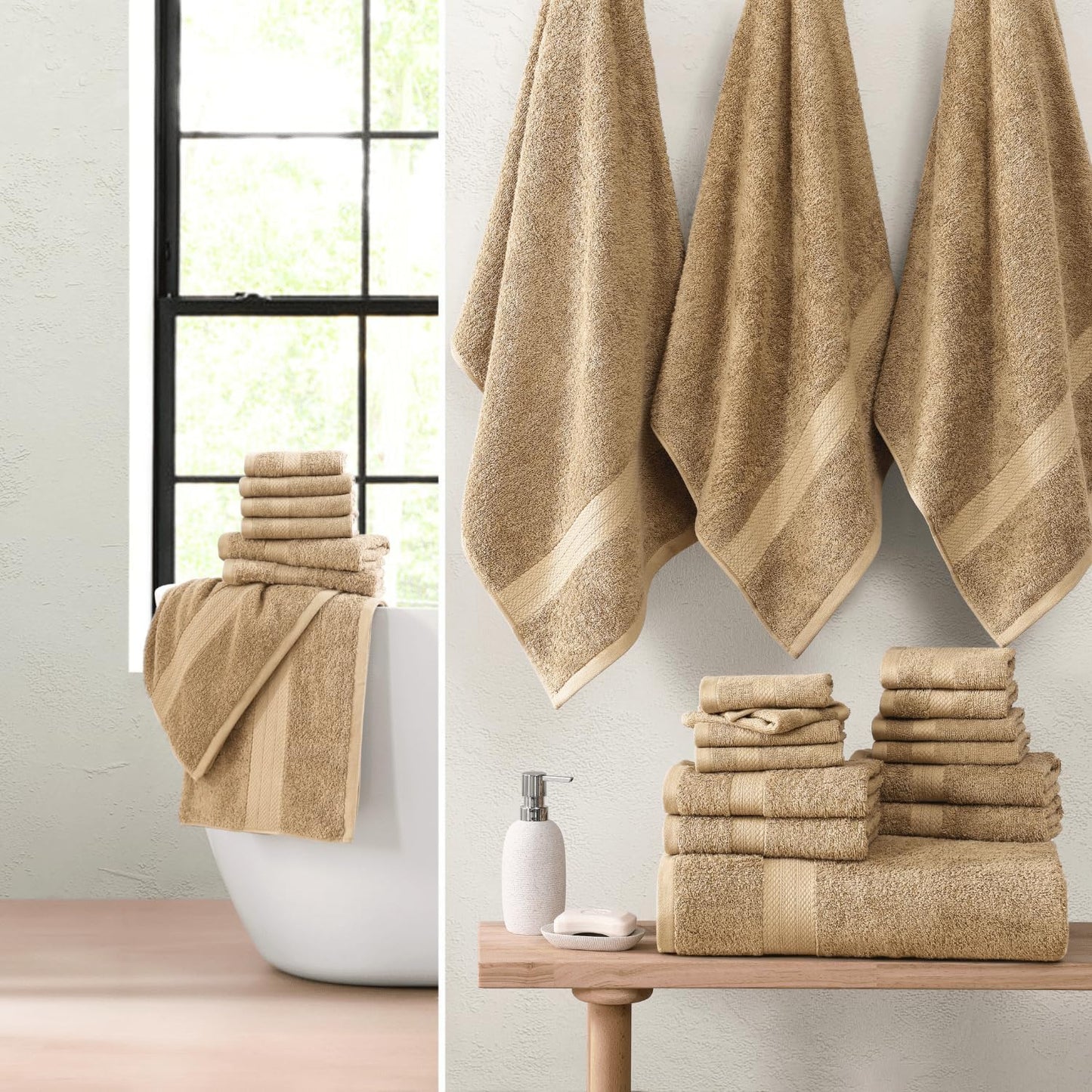 LANE LINEN 100% Cotton Bathroom Towels Set - 24 Pcs - Ring Spun Technology - 2 Bath Sheets, 4 Fingertip, 4 Bath, 6 Hand Towels, 8 Washcloths - Very Soft & Absorbent Even After Multiple Washes - Beige