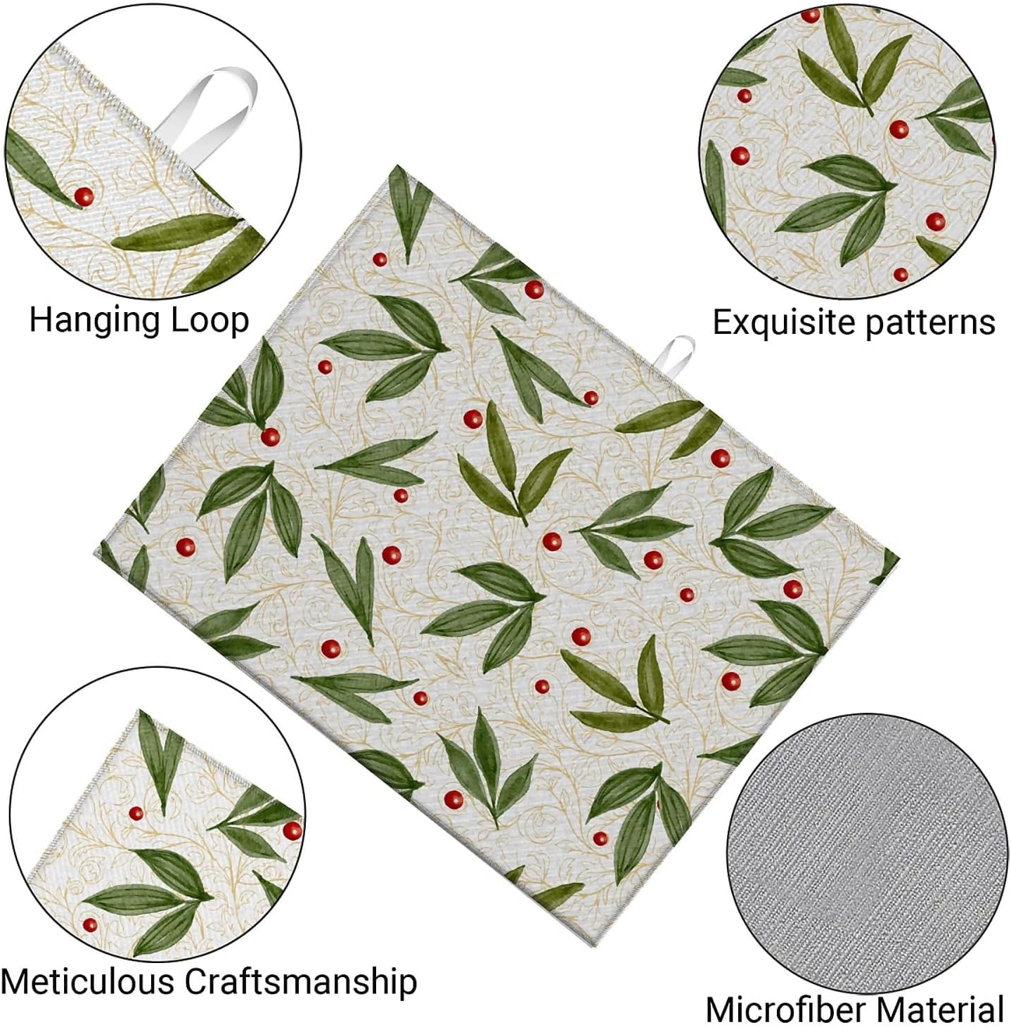 Dish Drying Mat For Kitchen Counter, Green Leaves Beige Microfiber Absorbent Dish Drainer Rack Pad Reusable Large 18x24in Drying Mat