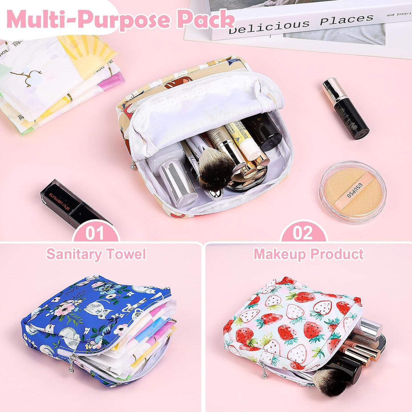 Desing Wish Sanitary Pad Storage Bag Portable Period Bag for Teen Pads/Sanitary Napkins/Small Tampons, Sanitary Napkin Storage Bag First Period Gifts for Teen Girls (Pink-White Checker)
