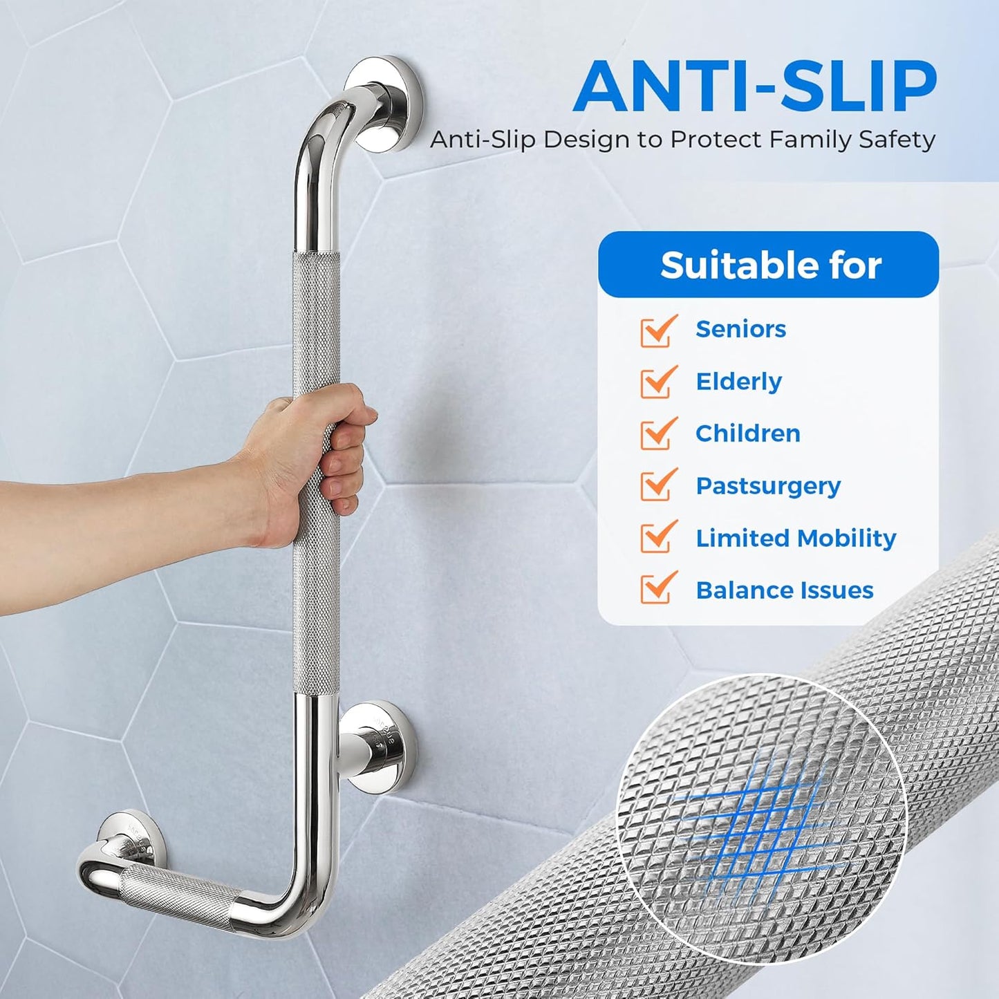 L-Shaped Grab Bars for Shower, 24x12 Inch Stainless Steel Grab Bars for Elderly for Wall Mount, Anti-Slip Knurled Grip Bathroom Safety Rail, Right