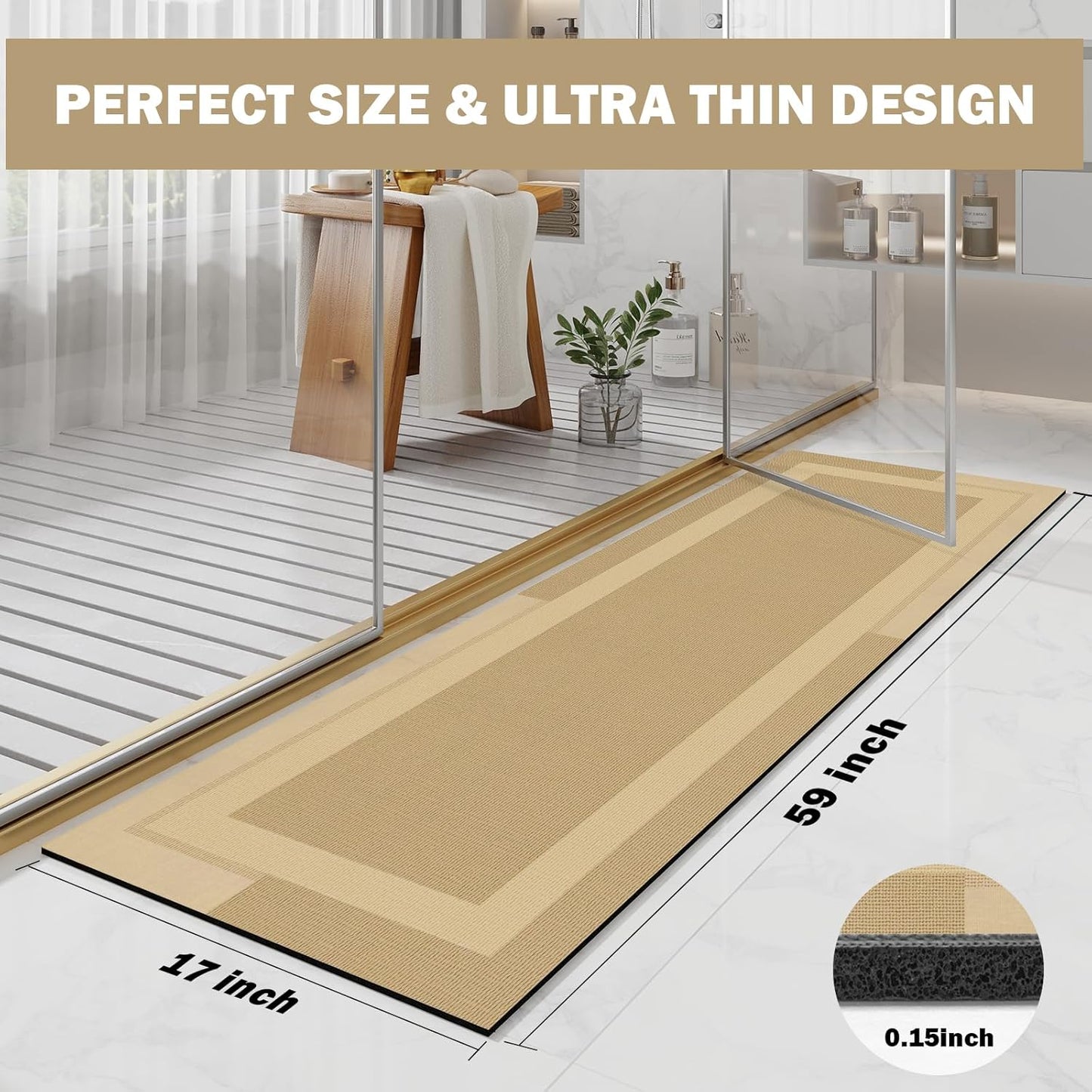 Non Slip Long Bathroom Runner Rug Bath Mat, Rubber Backing Ultra Thin Bathroom Rugs Fit Under Door Quick Dry Super Absorbent Washable Shower Mat for Bathtub Sink Floor, Brown 17"x59"