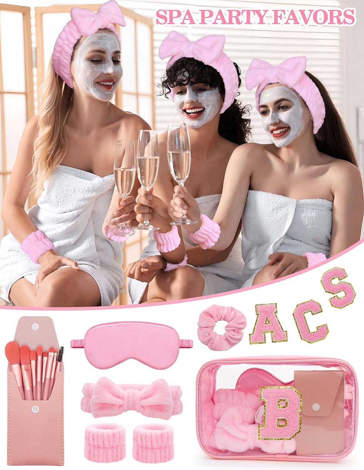 Gift Sets for Women, Initial Makeup Bag with Makeup Brush Set Bachelorette Party Favors, Pink Spa Kit with Skincare Headbands Wrist Bands Sleepover Party Supplies Gifts for Teen Girls Bridesmaid B