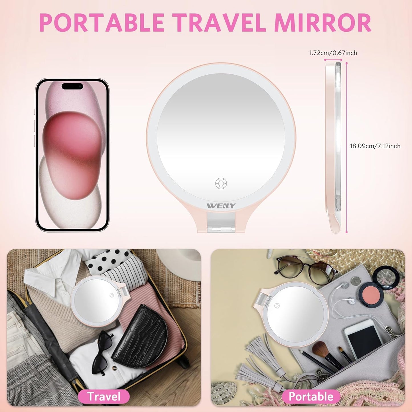 WEILY Magnifying Mirror with Light, 10X/1X Magnification Double-Sided Travel Makeup Mirror, with 3 Color Lights, Touch Control, Rechargeable Portable Mirrors for Bedroom, Bathroom (Pink)
