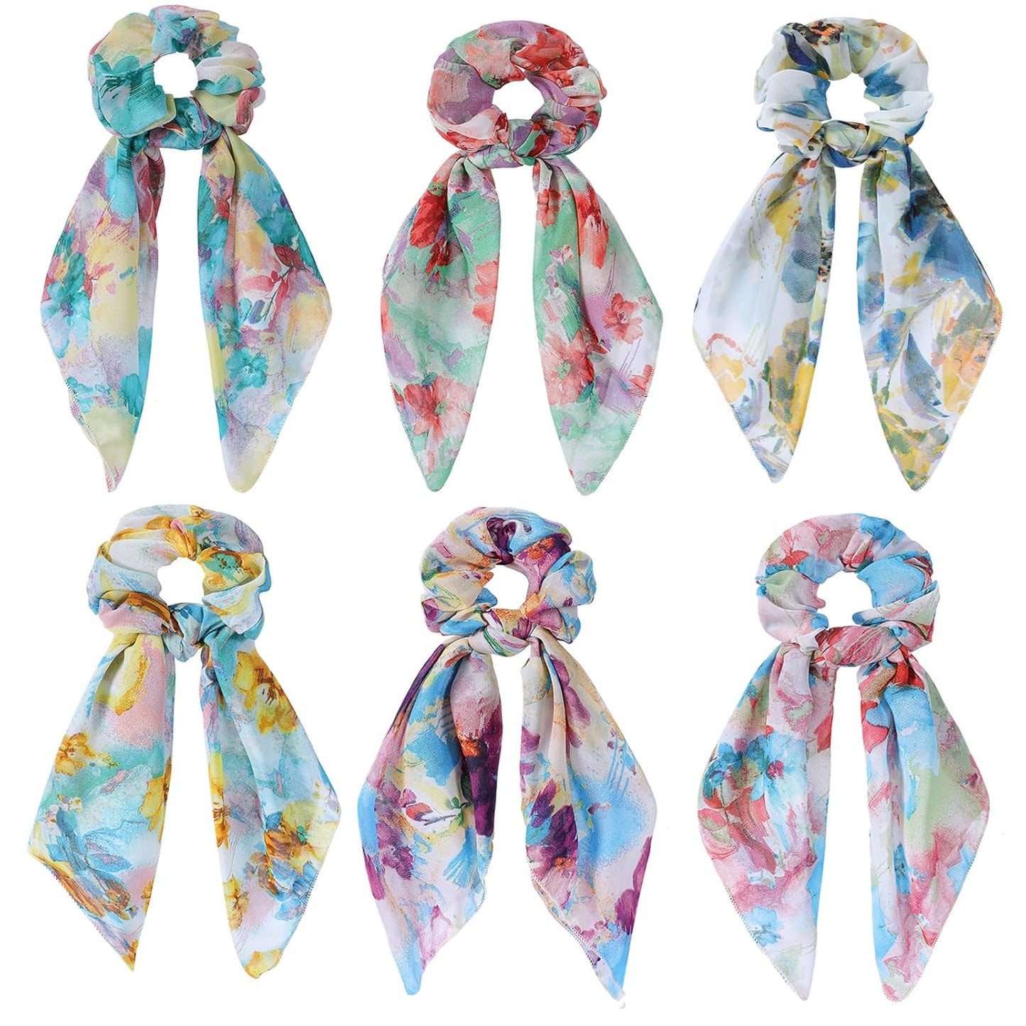 Scarf Scrunchie for Women Girls，6PCS Bow Scrunchie Hair Scarf Ties，Tie Dye Flower Hair Scrunchies Ponytai Ribbons Fashion Accessories for Thick Hair