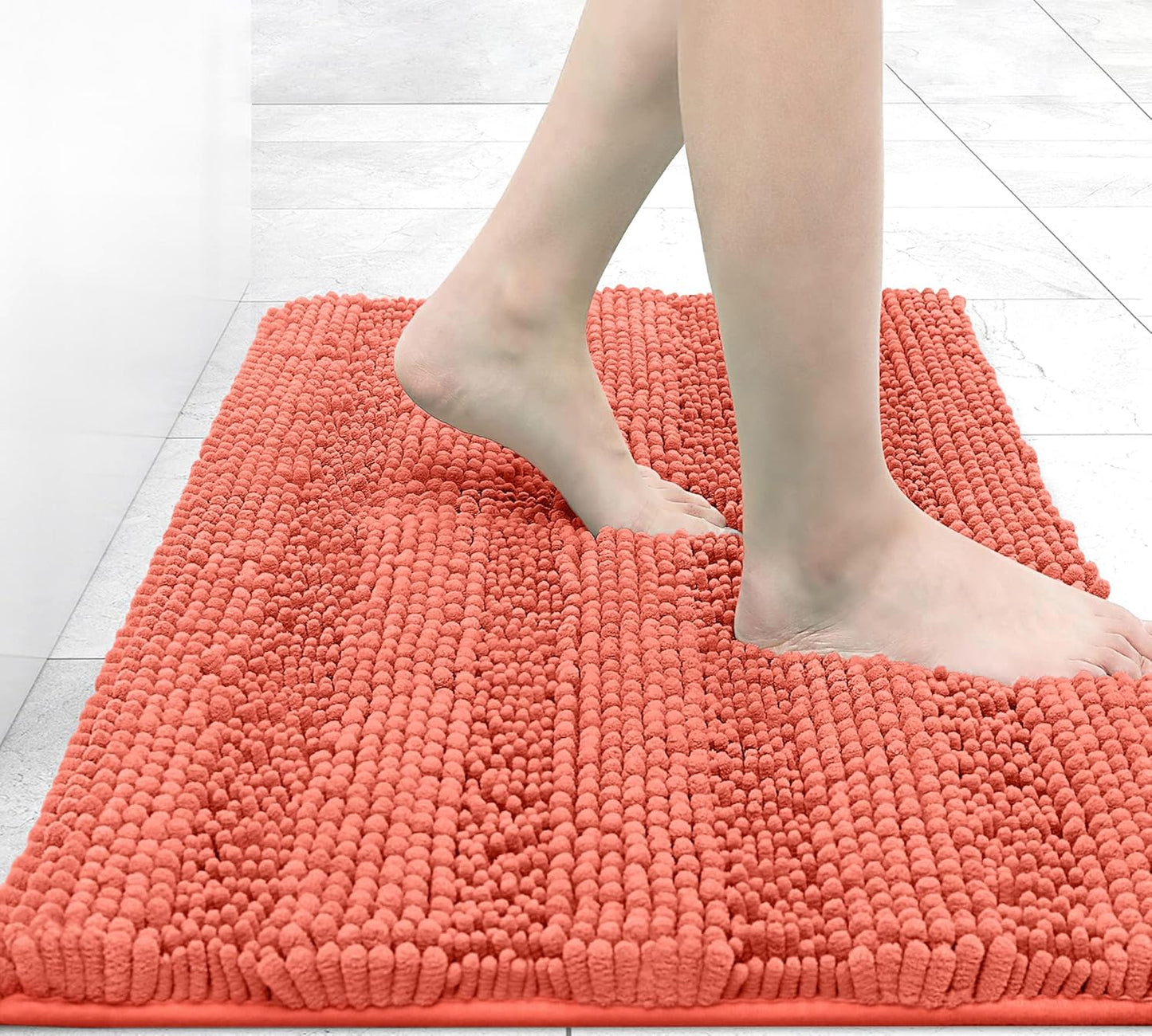 Grandaily Chenille Striped Bathroom Rugs 30x20, Extra Thick and Absorbent Bath Mats, Non-Slip Soft Plush Shaggy Shower Carpet, Machine Wash Dry, Bath Rug for Bathroom, (Medium, Coral)