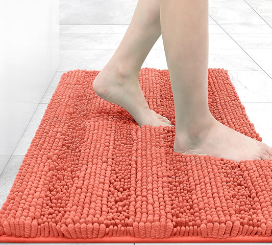 Grandaily Chenille Striped Bathroom Rugs 30x20, Extra Thick and Absorbent Bath Mats, Non-Slip Soft Plush Shaggy Shower Carpet, Machine Wash Dry, Bath Rug for Bathroom, (Medium, Coral)