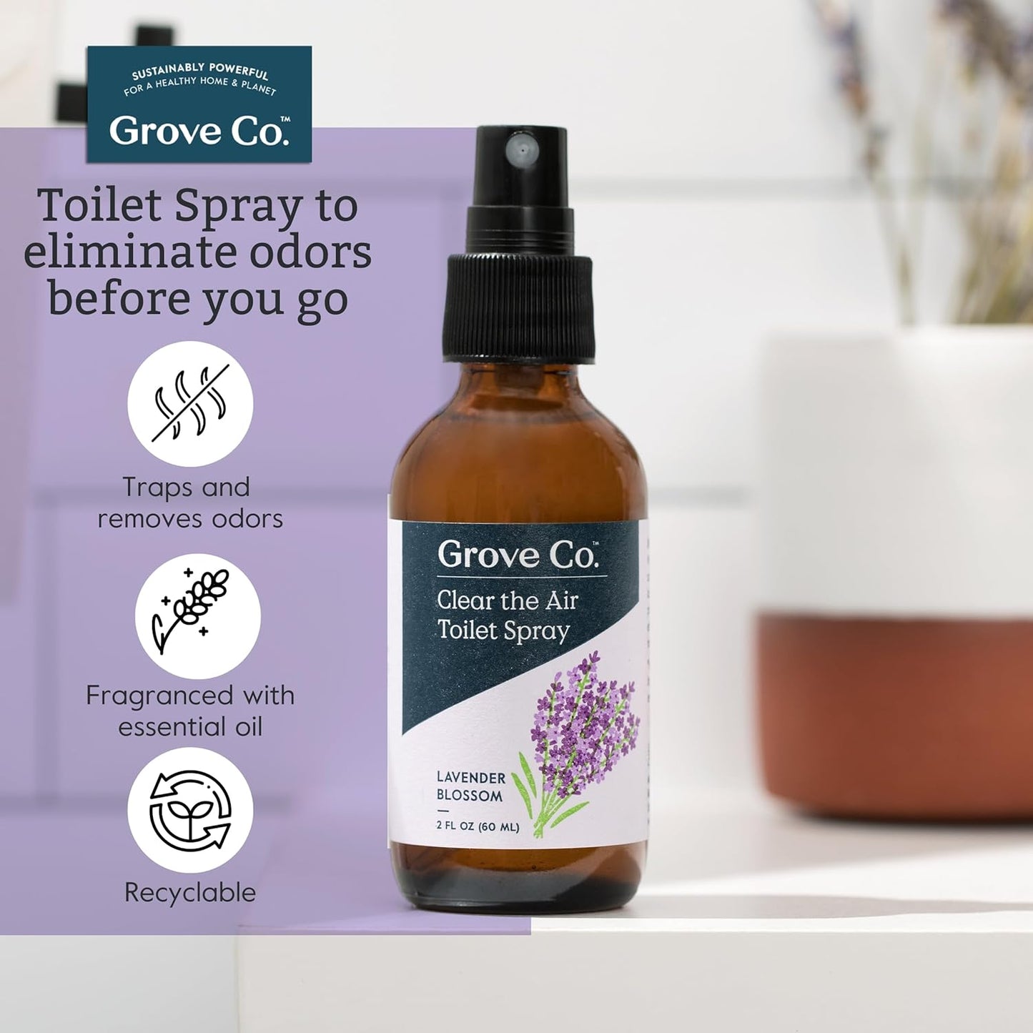 Grove Co. Toilet Spray, Clear the Air Bathroom Spray Air Freshener (2 fl oz) Odor Eliminator for Strong Odor, 100% Natural Lavender Blossom Scent, Vegan, Paraben & Phthalate Free (Pack of 3)