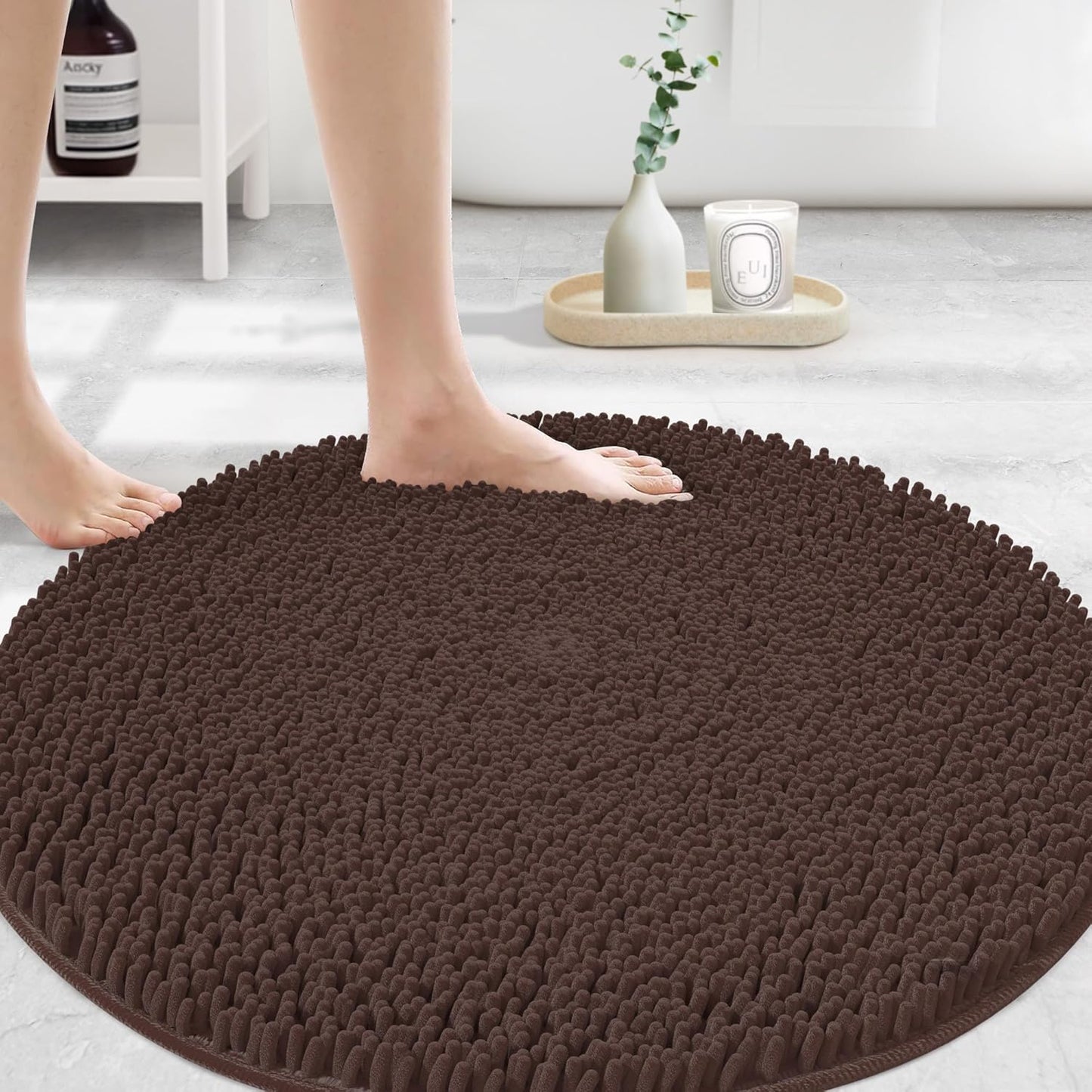 MAYSHINE Round Area Rug Set for Bathroom | Soft Plush Chenille Bath Mat, Water Absorbent Non-Slip Bathroom Rug | Washable Shag Carpet for Shower, Bedroom, or Home Décor | 36"x36" (Round) | Brown