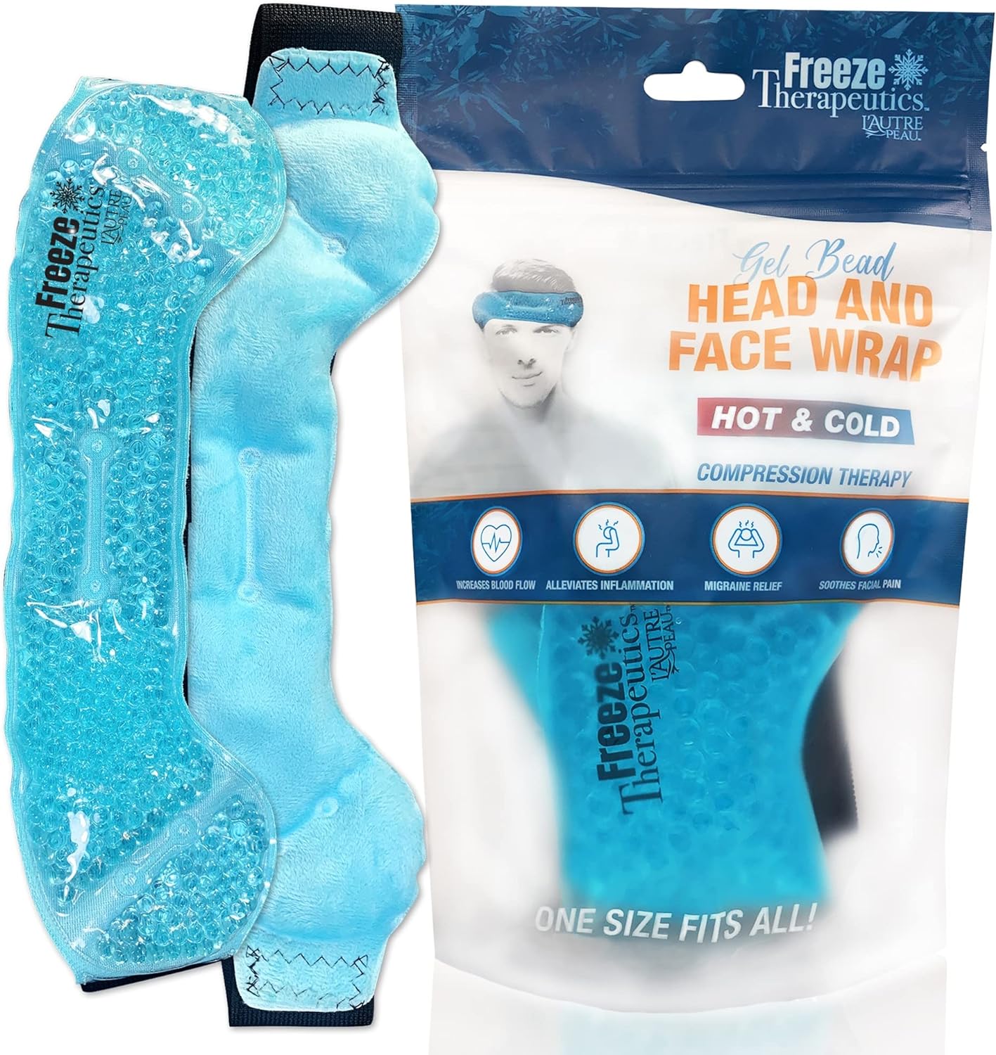 USA Merchant | Hot/Cold Plush Gel Bead Migraine Wrap| Freeze Therapeutics by L'AUTRE PEAU | Reusable Ice Packs with Flexible Beads | for Tension, Headaches, Sinus Pain, Congestion & Stress Relief
