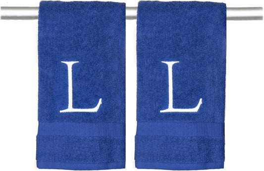 Navy and White Bathroom Hand Towel - Monogrammed Luxury Hotel Quality Decorative Embroidered Towel for Powder Room, Spa - GOTS Organic Certified - Pack of 2, Letter L
