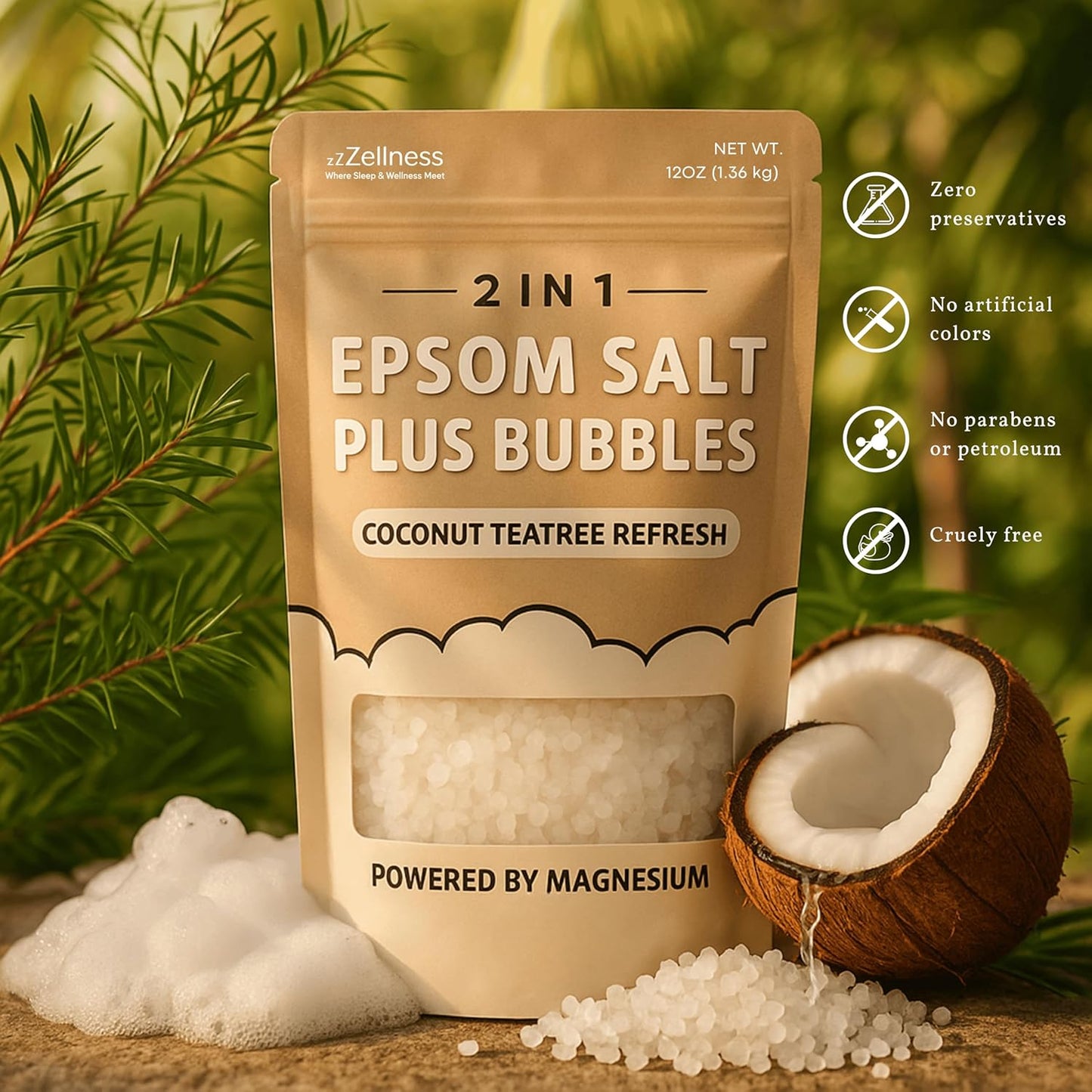 Epsom Salt Plus Bubbles – Coconut & Teatree Scented Foaming Bath Soak – Magnesium Sulfate for Muscle Recovery, Stress Relief & Relaxation – Great for Aromatherapy – 12 oz