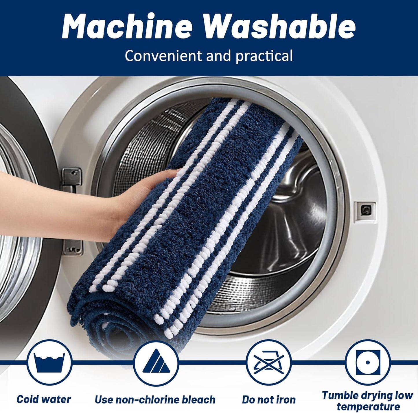 Bathroom Rugs 24x36 Extra Soft Absorbent Bath Mat Chenille Non Slip Shower Mat Rubber Backing Machine Washable Bath Mats for Bathroom Shaggy Blue Bath Rugs for Tub, Hallway