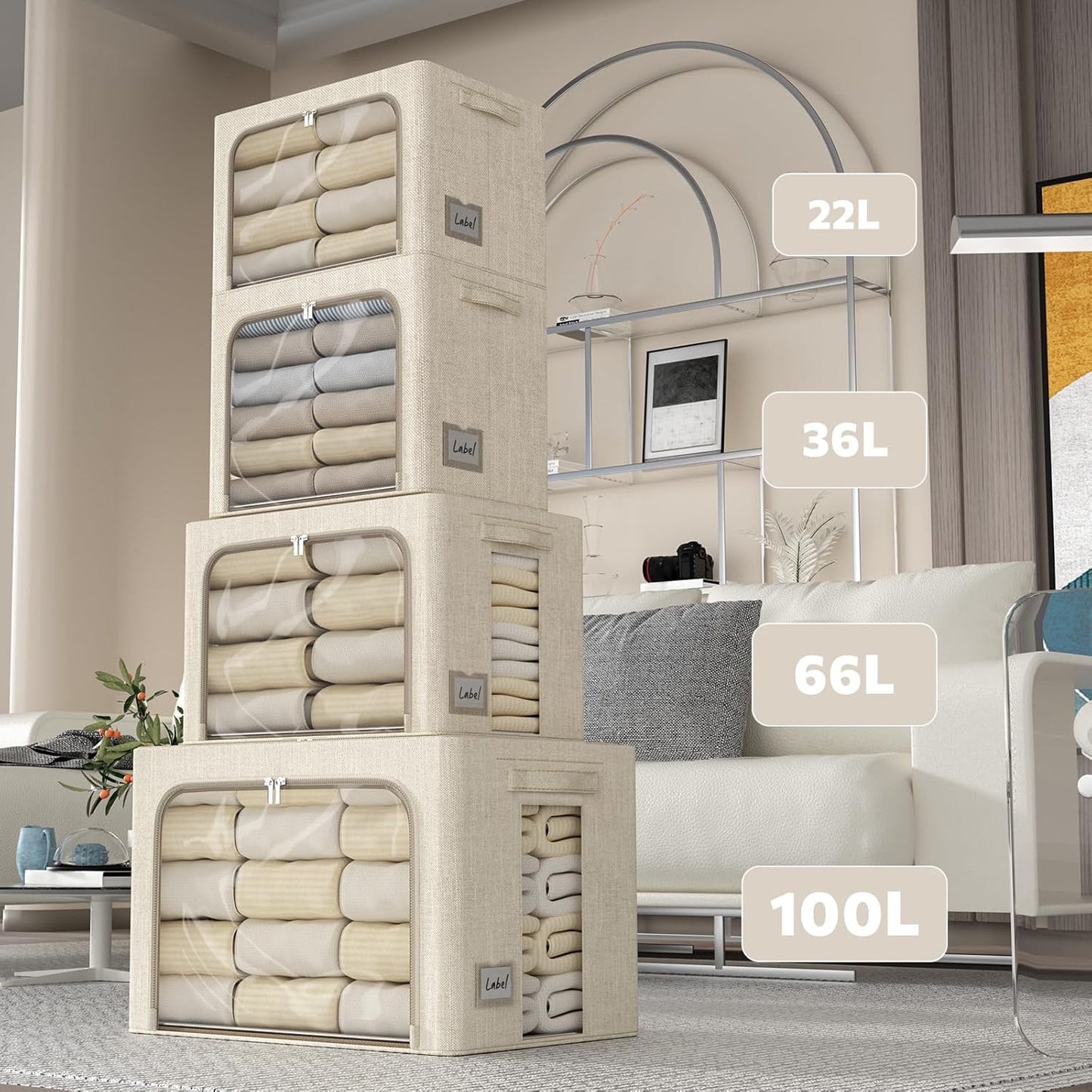 FHSQX 6 Pack Clothes Storage Bins with Metal Frame Foldable Storage Bins for Clothes Linen Fabric Storage Box with Clear Window (Beige, 15.7x11.8x11.8inch(36L))