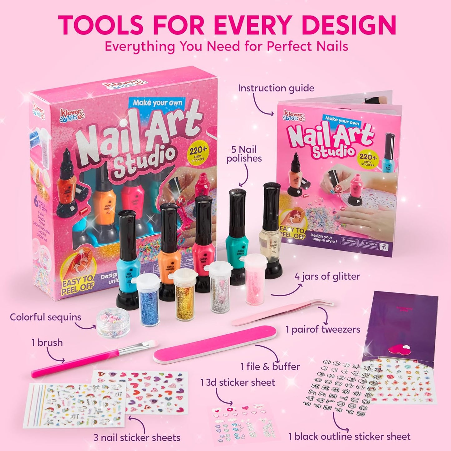 Klever Kits Kids Nail Polish Set, Nail Art Kit for Girls, Birthday Gifts for Girls Ages 7 and up, Makeup for Kids, Glitter, Sequins, Stickers , Peel Off & Quick Dry
