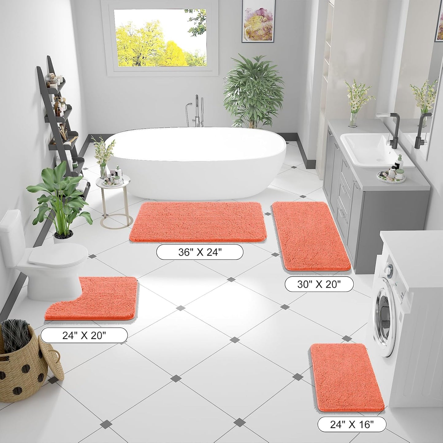 OLANLY Bathroom Rugs 47x24, Extra Soft Absorbent Chenille Bath Rugs, Rubber Backing Quick Dry, Machine Washable Bath Mats for Bathroom Floor, Tub and Shower, Home Decor Accessories, Coral