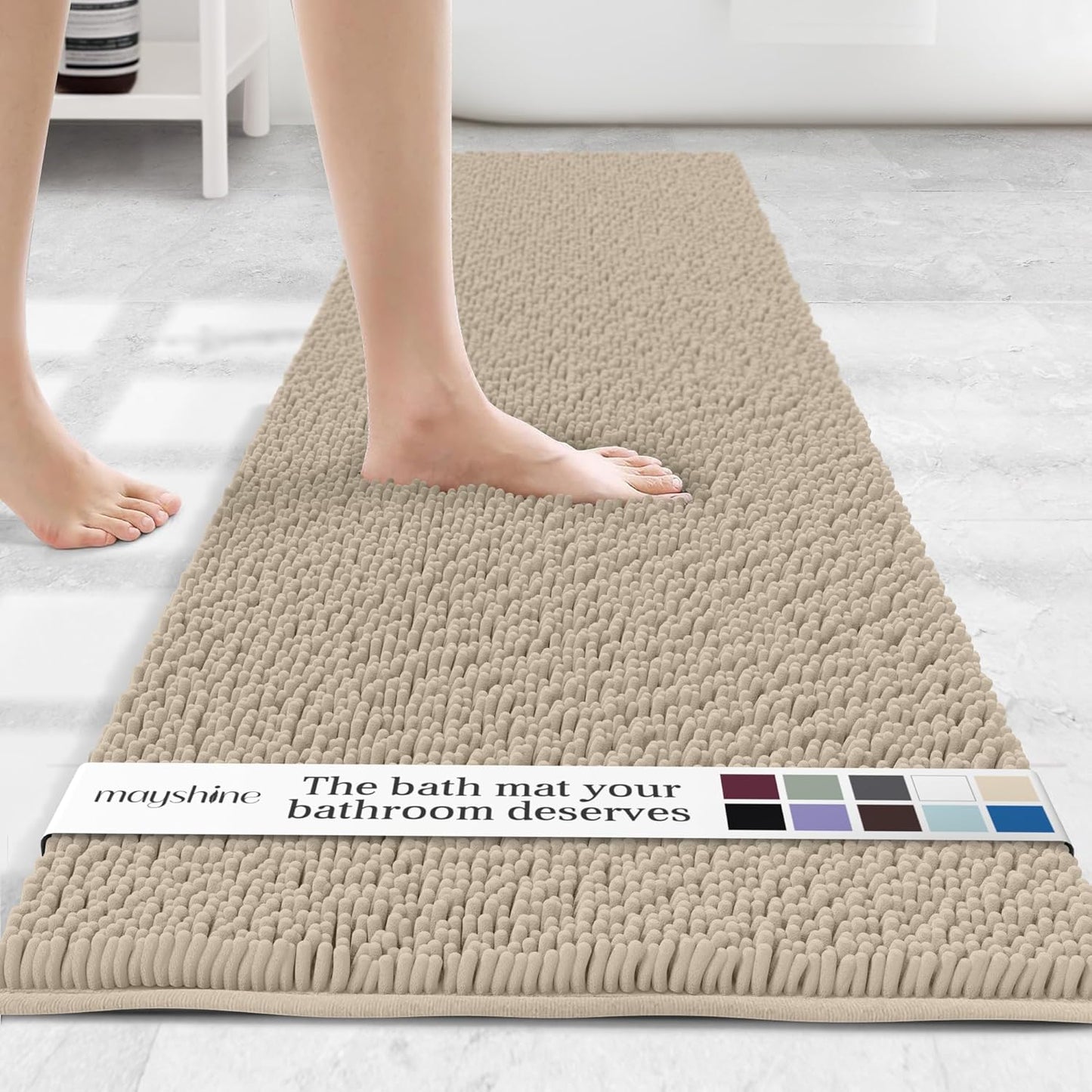 MAYSHINE Plush Shaggy Chenille Bath Mat | Extra Soft, Super Absorbent, Non-Slip Bathroom Rug | Fluffy Microfiber, Area Rug Sets for Bathroom Floor, Kitchen, Living Room | 71"x31" | Beige