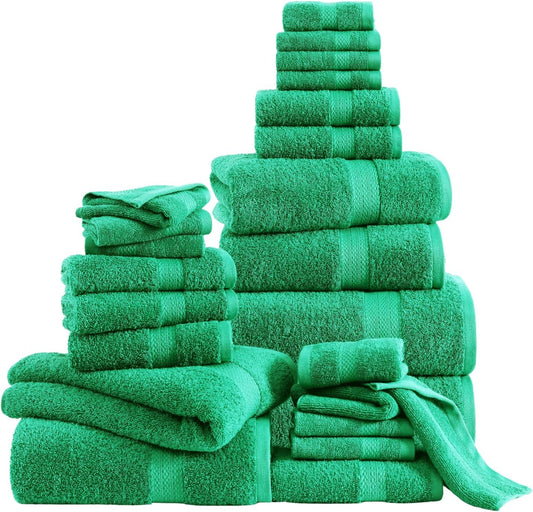 Lane Linen 100% Mercerized Cotton Bathroom Towel Set - 24 Pcs - RingSpun, Quick Dry, Ultra Soft & Absorbent - 2 Bath Sheets, 4 Fingertip, 4 Bath, 6 Hand Towels, 8 Washcloths - Fade Resistant - Emerald