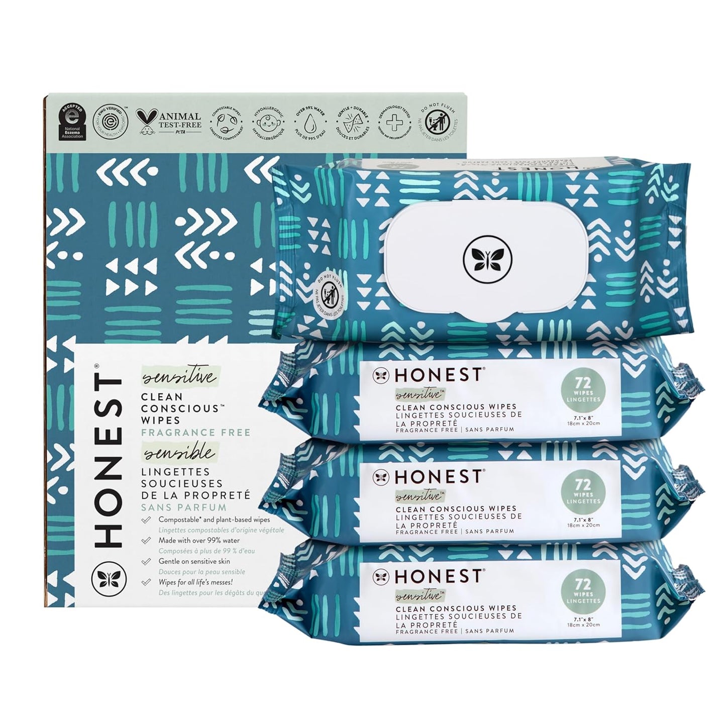 The Honest Company Clean Conscious Multi-Use Wipes Hypoallergenic and Unscented for Sensitive Baby Skin Over 99% Water Compostable Plant Based Baby Wipes Balance Blues 288 Count