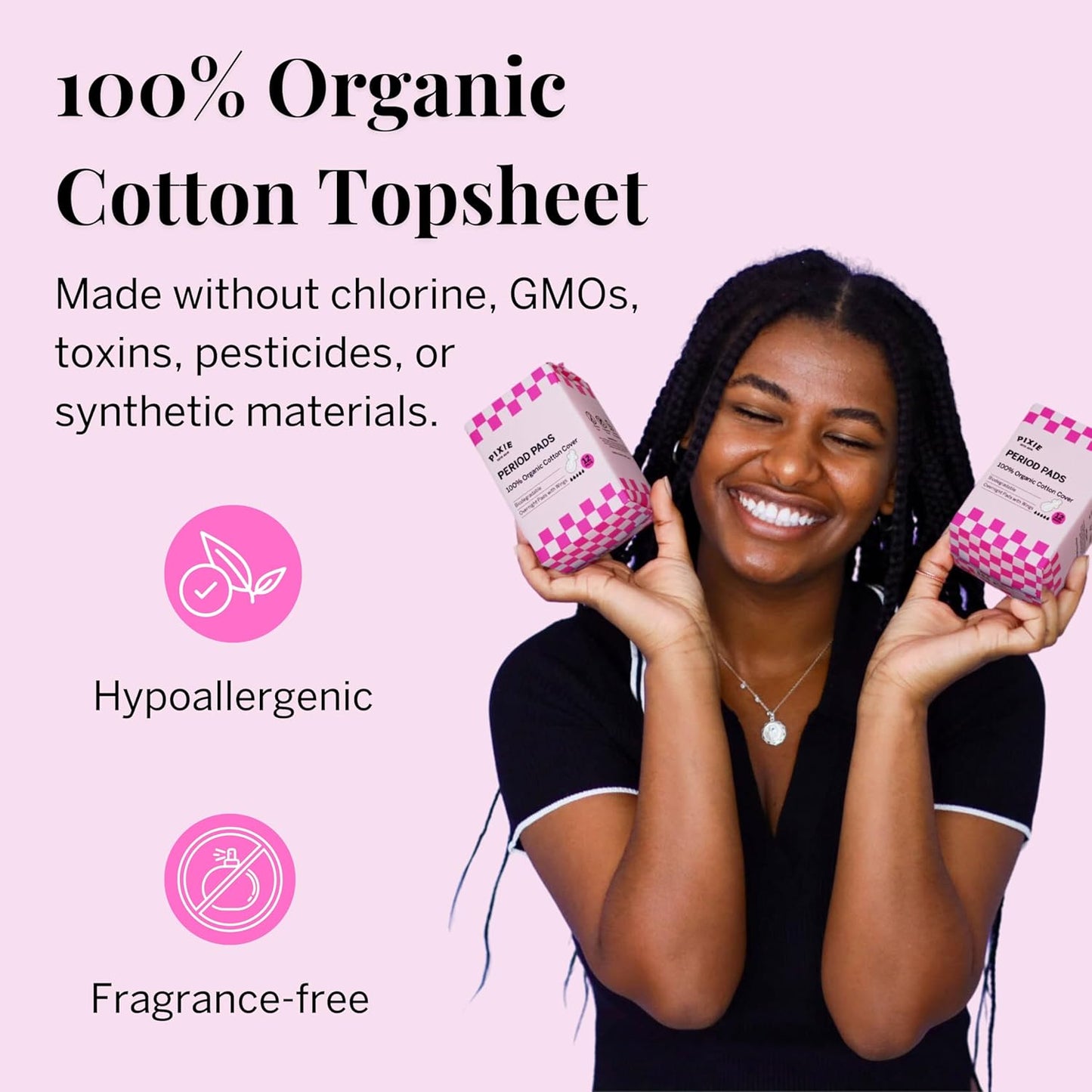 Pixie Organic Cotton Overnight Pads for Women - Extra Heavy Absorbency with Wings - Leak-Proof, Hypoallergenic & Unscented - Compostable, Biodegradable - 12 Count