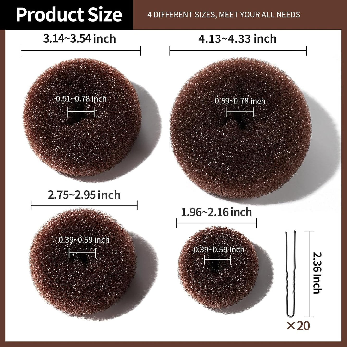 Teenitor Hair Bun Maker for Kids Girls - 4pcs Brown Ballet Buns in 4 Sizes, Hair Donuts