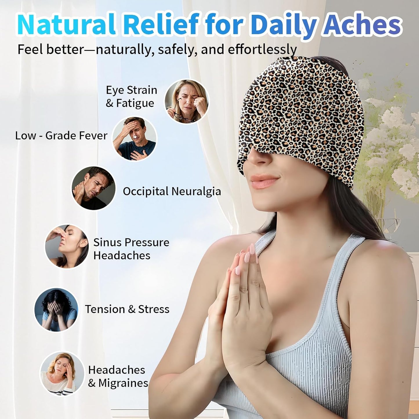 Migraine Relief Cap,Headache Relieve Cap,Leopard Print Reusable Gel Ice Head Wrap Cap for Tension,Stress,Hangover & Puffy Eyes.