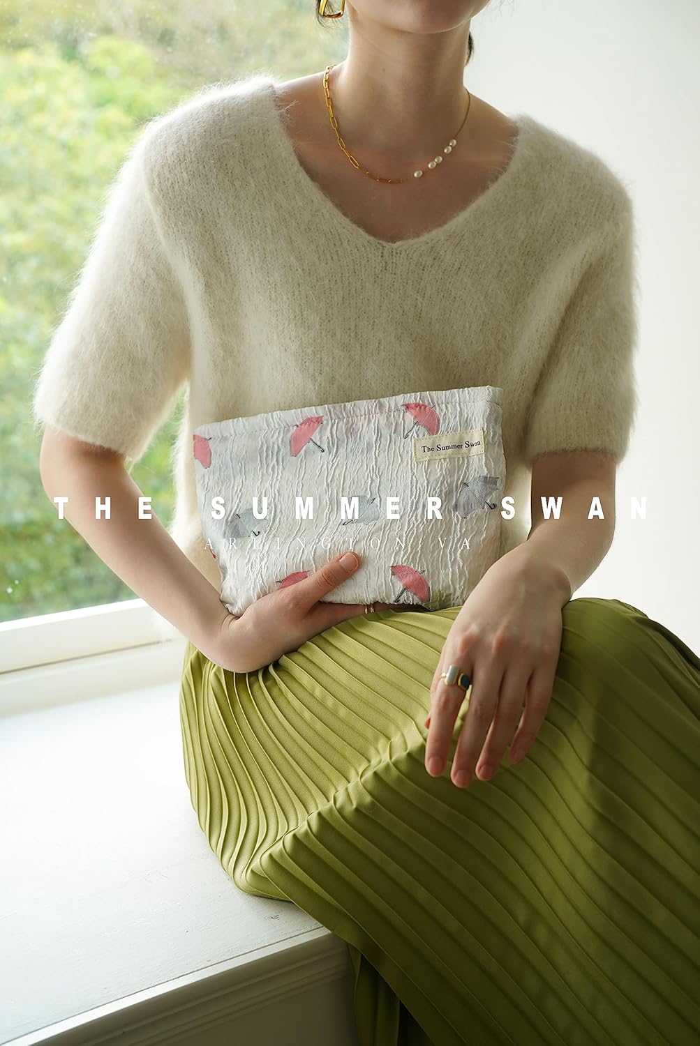 The Summer Swan | Large Aesthetic Floral Mid-day Clutch Period Kit Hygiene Skincare Cute Makeup Bag (Umbrella White)