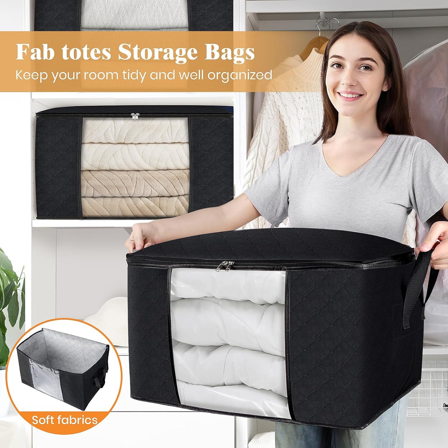 Fab totes 10 Pack Clothes Storage, Foldable Thick Fabric Blanket Storage Bags, Containers for Organizing Bedroom, Closet, Clothing, Comforter,Closet Organization with Handle,Black