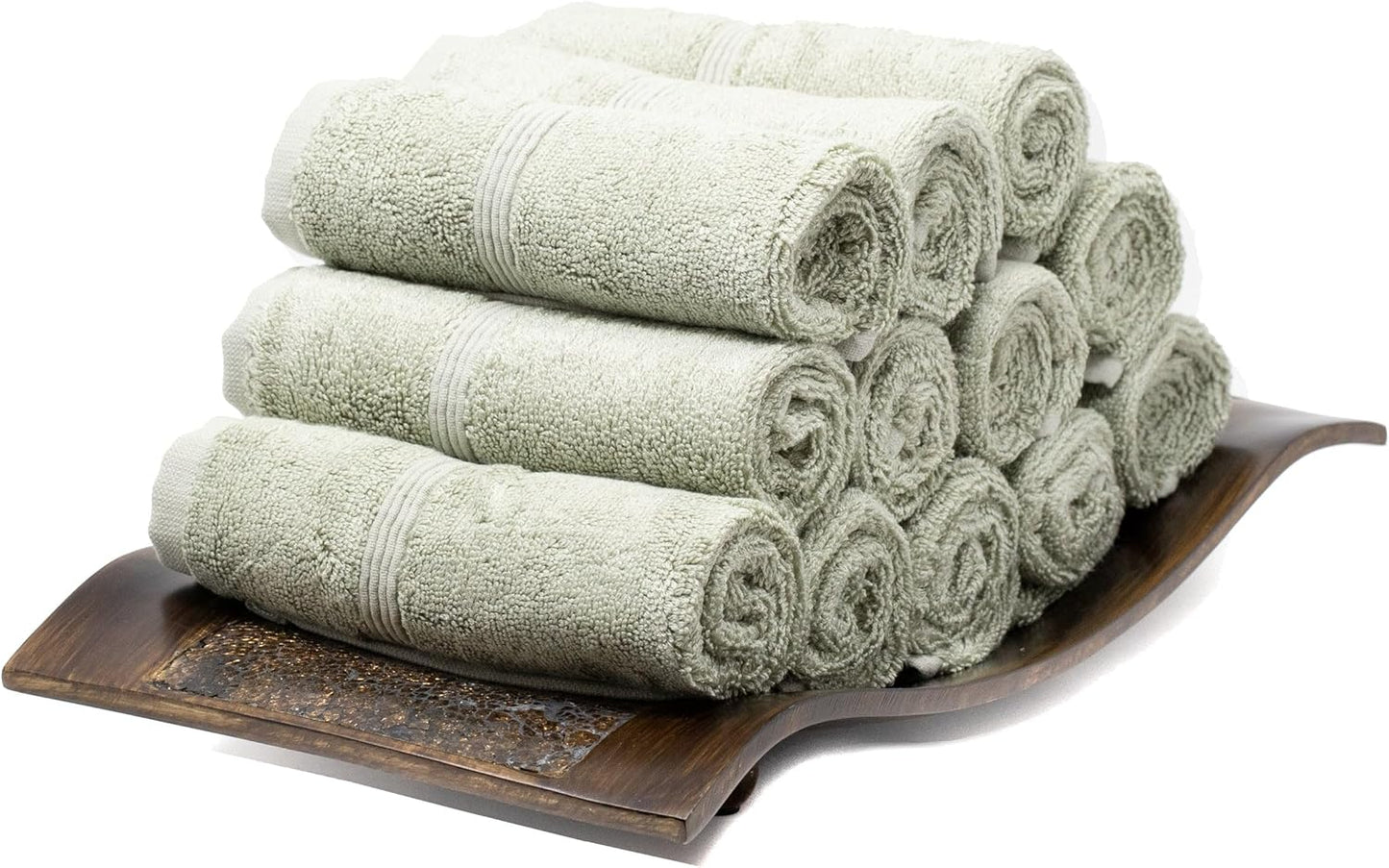 Mosobam Luxury Turkish Towels Set of 12 Washcloths 13X13 Seagrass Green 700 GSM Bamboo Viscose & Aegean Turkish Combed Cotton
